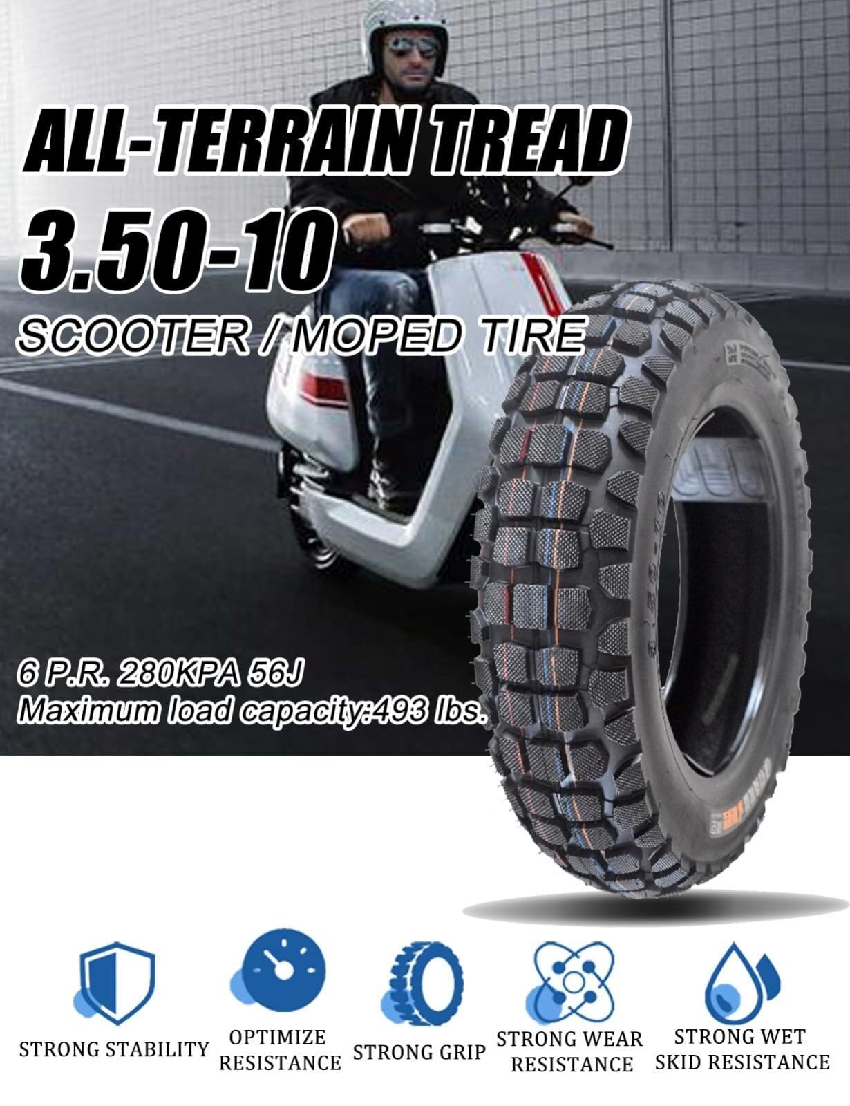 3.50-10 Bezdętkowy Opona do Skutera Motoroweru z Wzorem Przeciwpślizgowym 3.5-10 100/90-10 6 P.R. Pogrubiona i 3 50 10 Opona Odporna na Zużycie na Koło Przednie Tylne – 56J 493 lbs