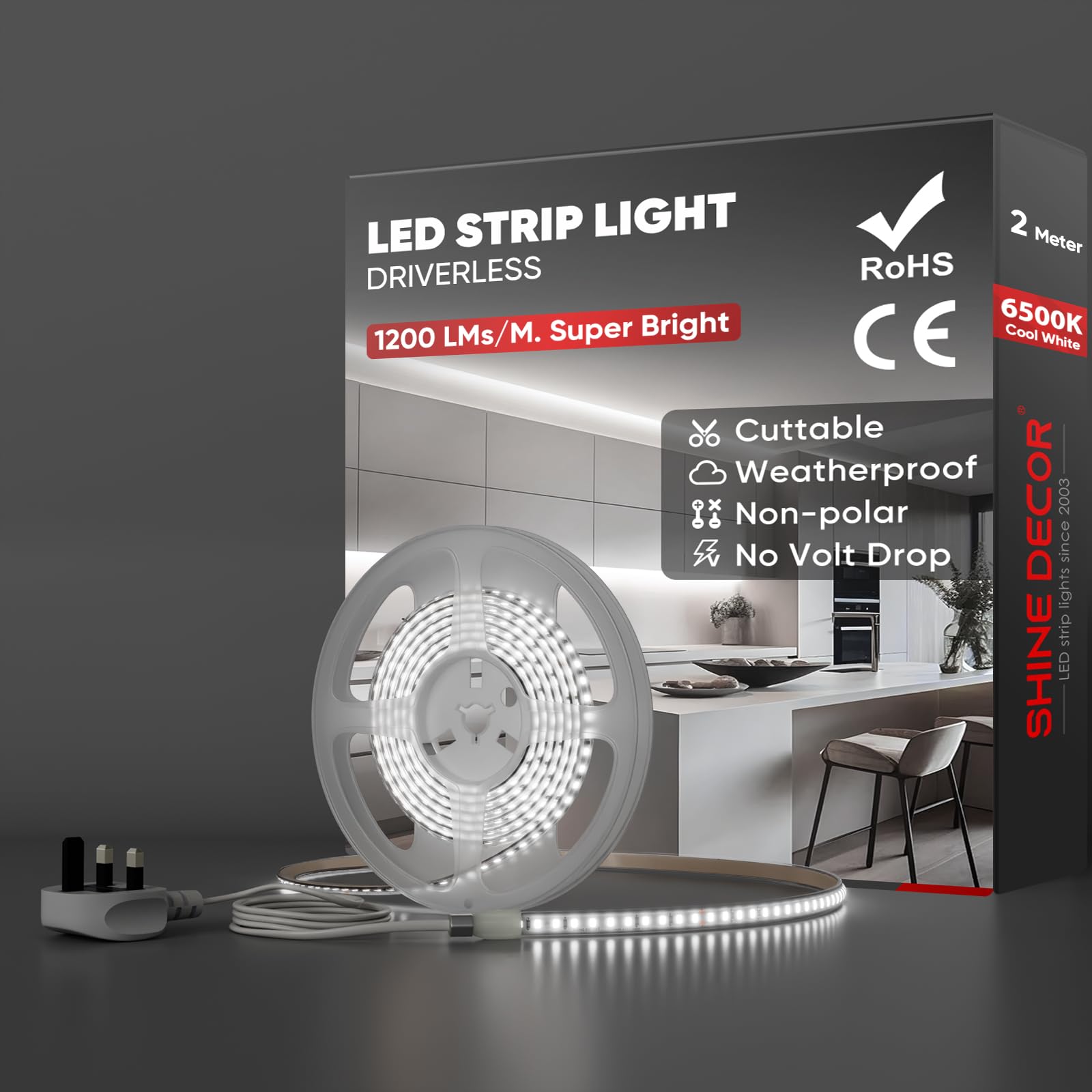 Shine Decor 2m LED Strip Light, AC 220V 230V, IP65 Waterproof, SMD 2835, 120 LEDs/m, Ultra-Bright with UK Plug for Living Room, Kitchen, Wardrobe, Corridors and Garden (Cool White, CE Certified)