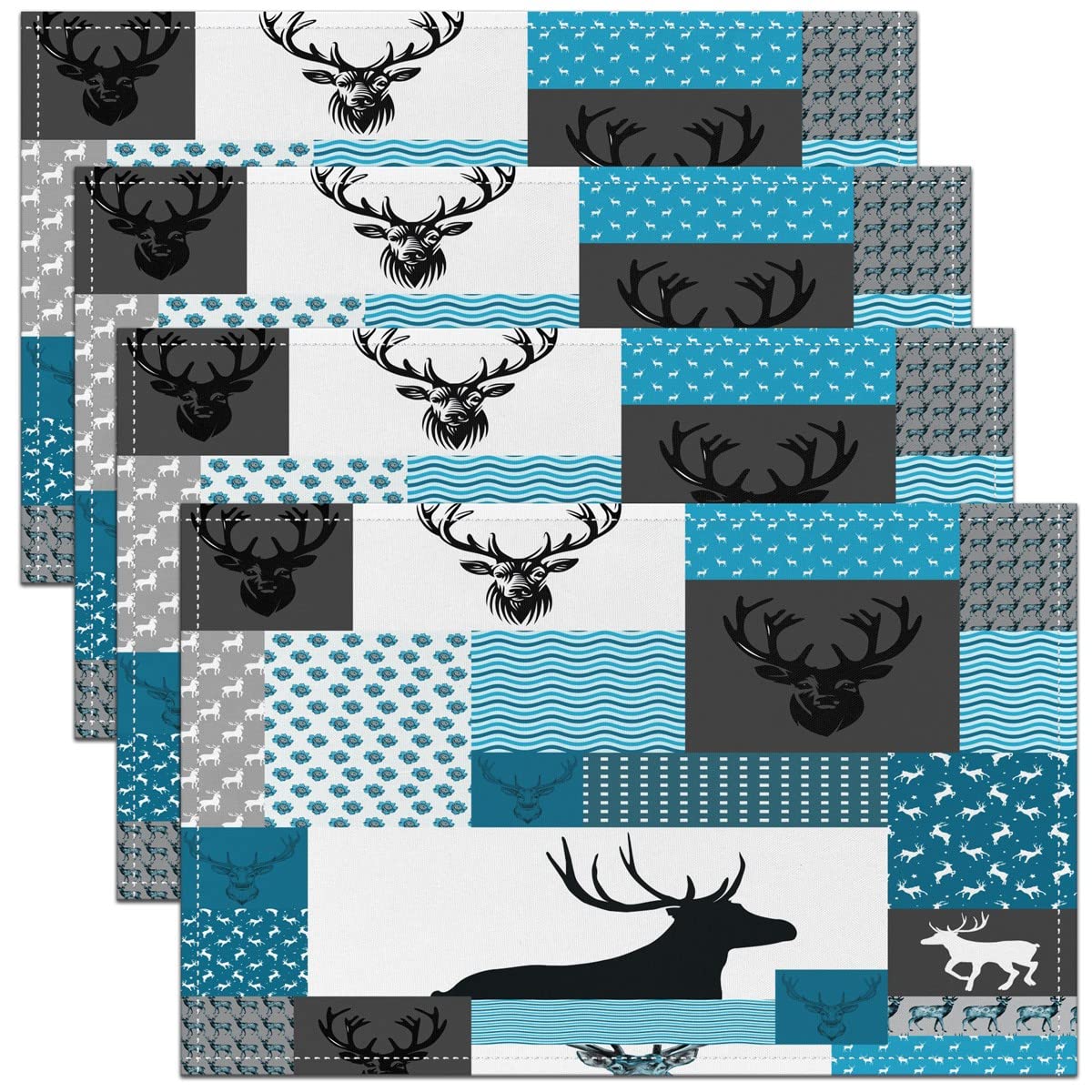 Homemissing Multicoloured 29 Cute Deer Placemats - 45X30cm Washable Fabric Table Mats - Blue - Kitchen & Dining Table