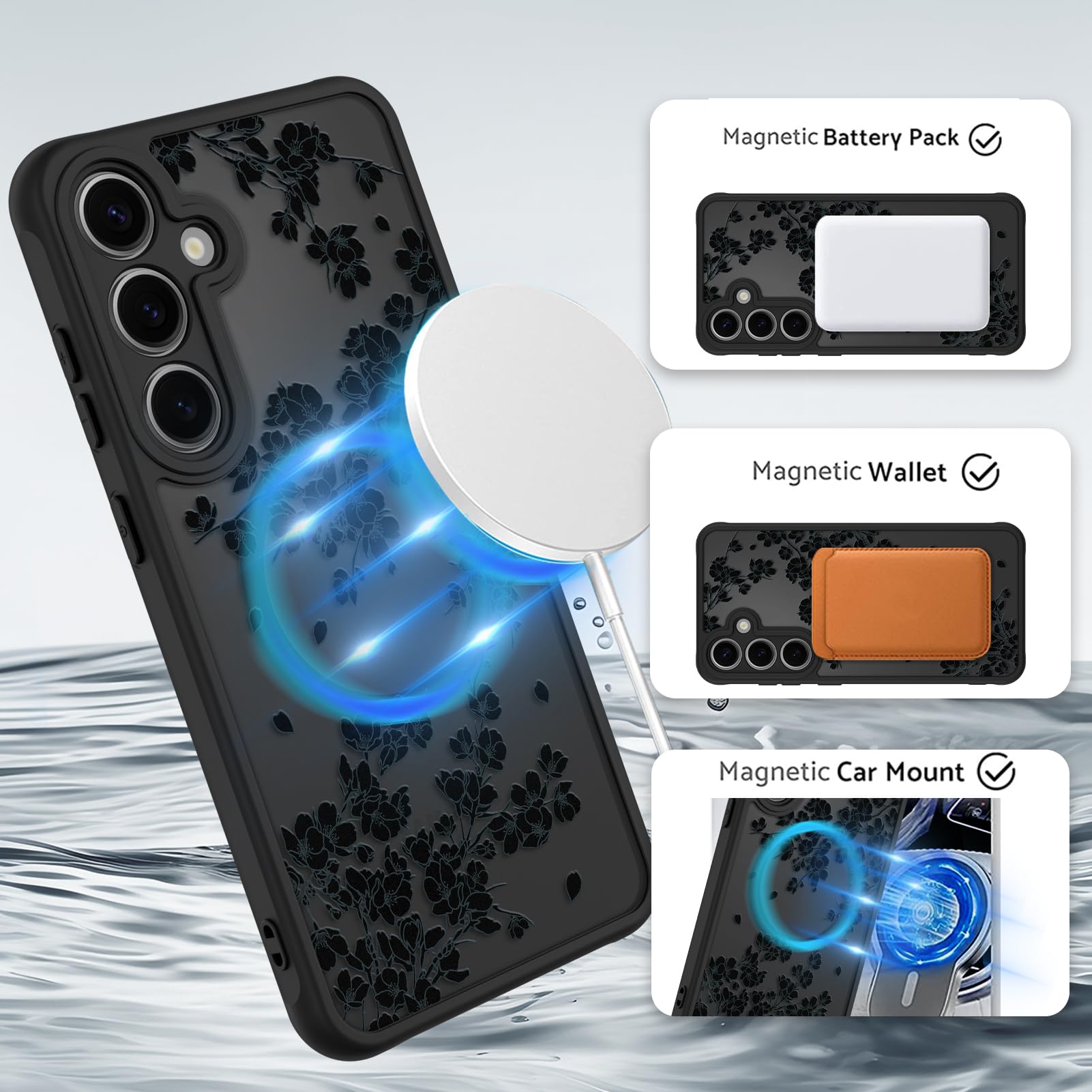 OOK Etui do telefonu Samsung Galaxy S24 FE 6,7 cala (kompatybilne z bezprzewodowym ładowaniem) czarne kwiaty, kwiatowy wzór, półprzezroczyste etui na telefon, miękkie tworzywo TPU + twardy PC, odporne