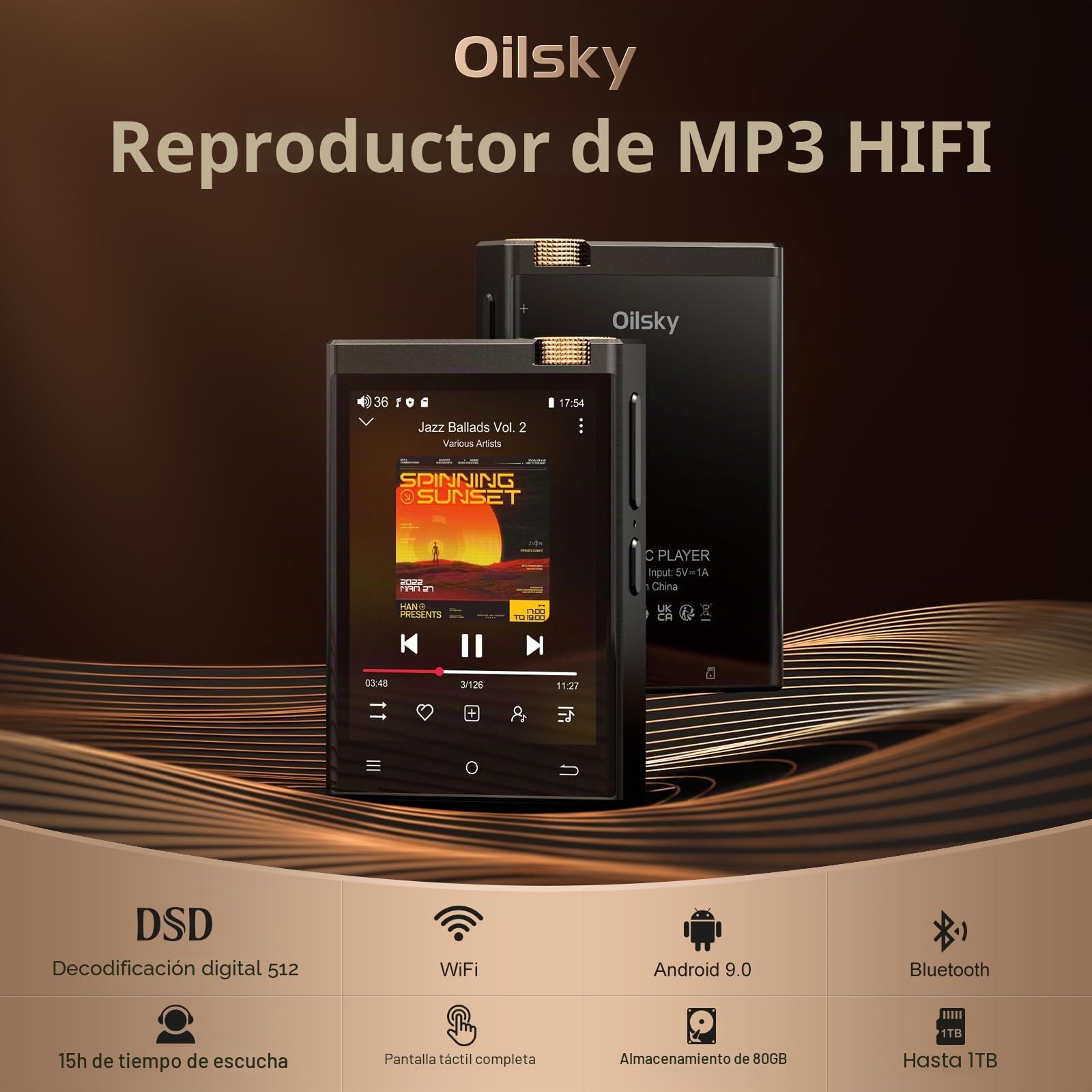 Reproductor MP3 HiFi con Bluetooth y WiFi, Oilsky 80GB Spotify MP3, 2,8'' sin Pérdidas DSD de Alta Fidelidad Digital Portátil Audio Música Player, Android 9.0 (Negro)
