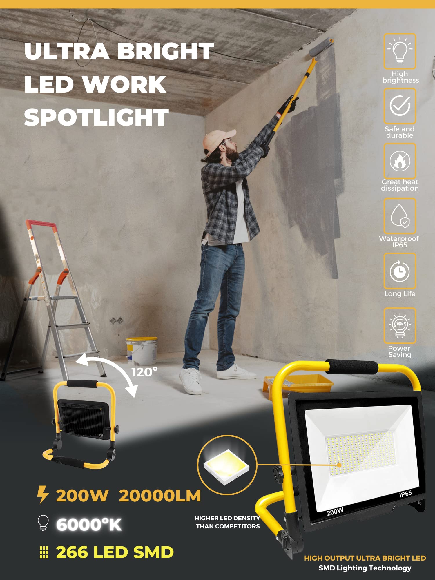 Foco de Trabajo LED 200W, Foco Proyector Portátil, Luz de Inundación Blanca 6000K, 20000LM, Panel Giratorio 360º, Impermeable IP65, Plegable, Cable 3m. Iluminación de Exterior, Taller, Obra, Garaje