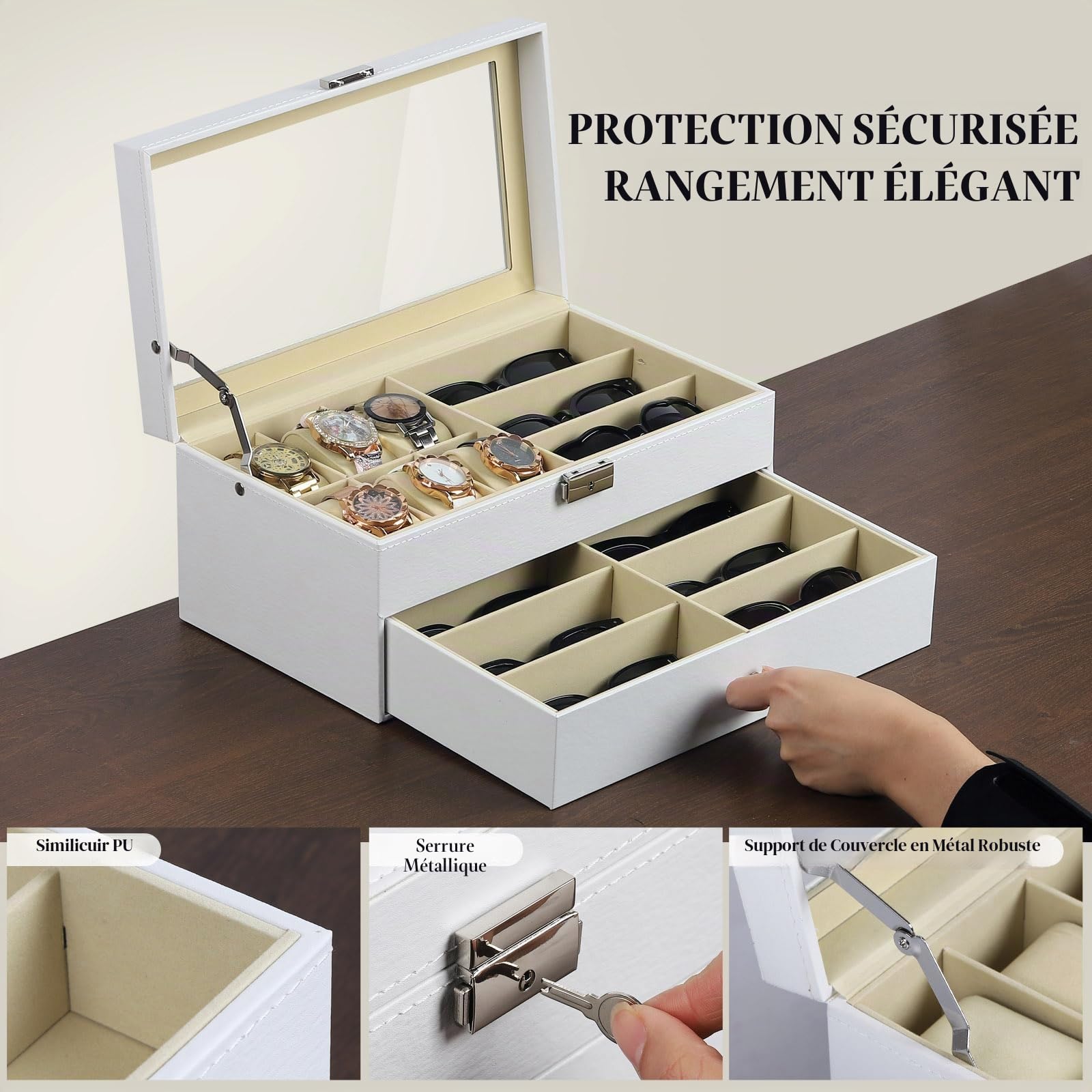 AUTOARK Boîte à bijoux en cuir pour 6 montres et 9 pièces de rangement pour lunettes de soleil avec tiroir verrouillable,Blanc,AW-131