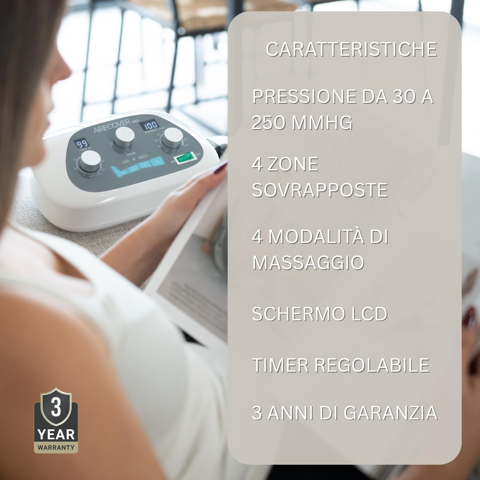 Med 4 Pressoterapia – Stivali da massaggio per gambe stanche, drenaggio linfatico e circolazione, pressione 30-250 mmHg, 4 modalità, 4 camere sovrapposte