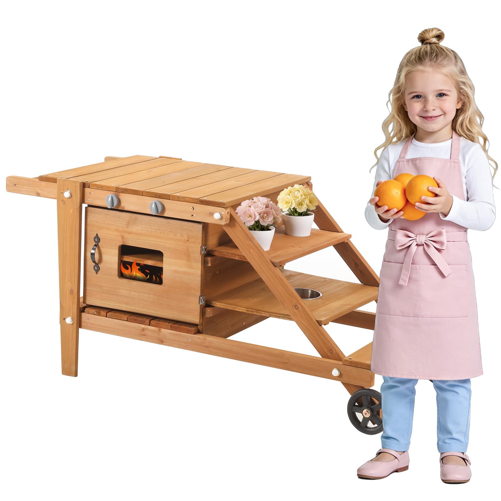 SACOOL Matschküche mit Rollen, Küchenzubehör, Essenswagen aus Holz, Kinderküche Outdoor Gartenküche für Kinder ab 3 Jahren, Natürlich