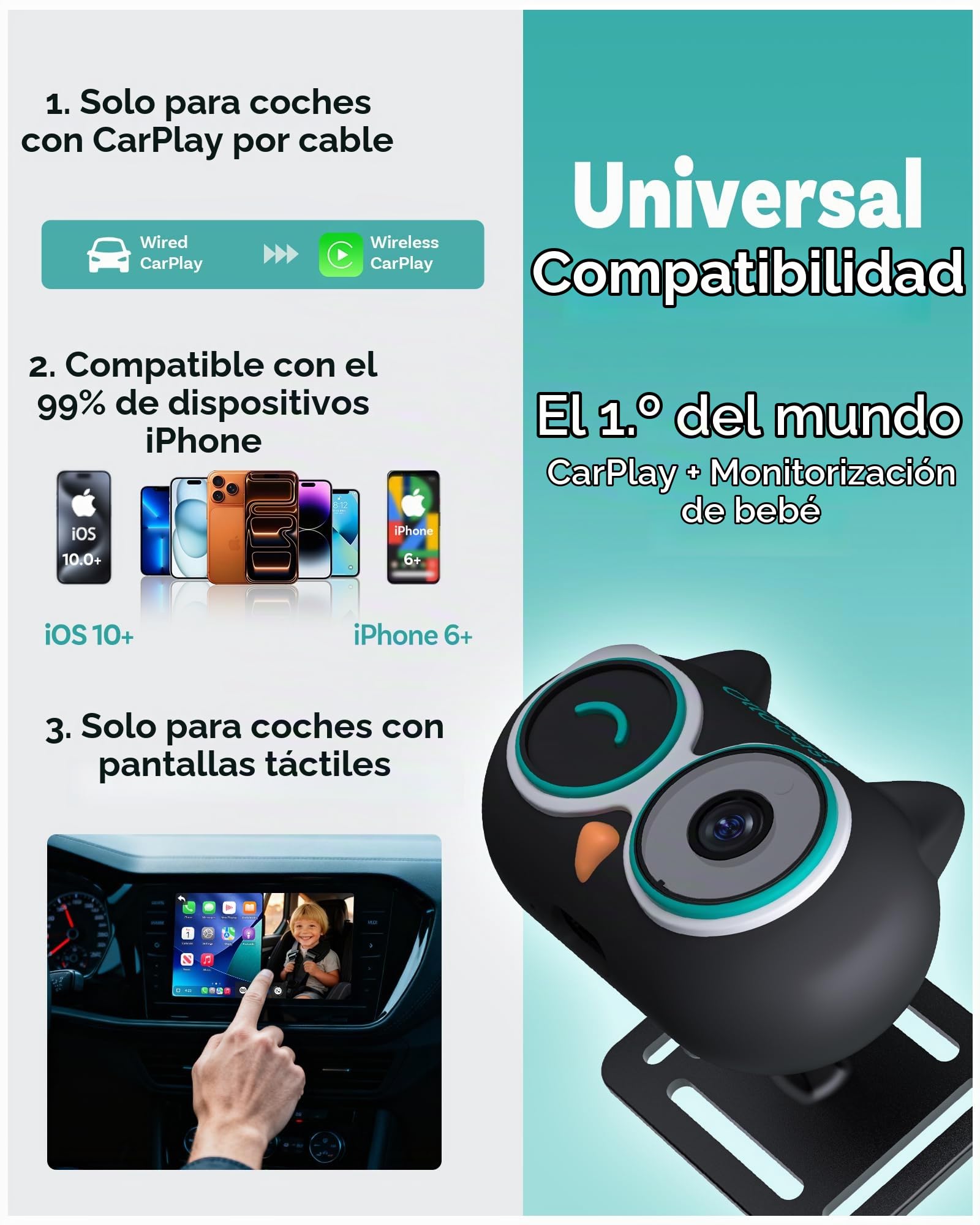 OTTOCAST Adaptador de cuidado de cabina 2026 en 1 para cámara de coche de bebé y adaptador inalámbrico CarPlay, no necesita pantalla adicional, monitor de bebé de coche 1080P para visión nocturna sin