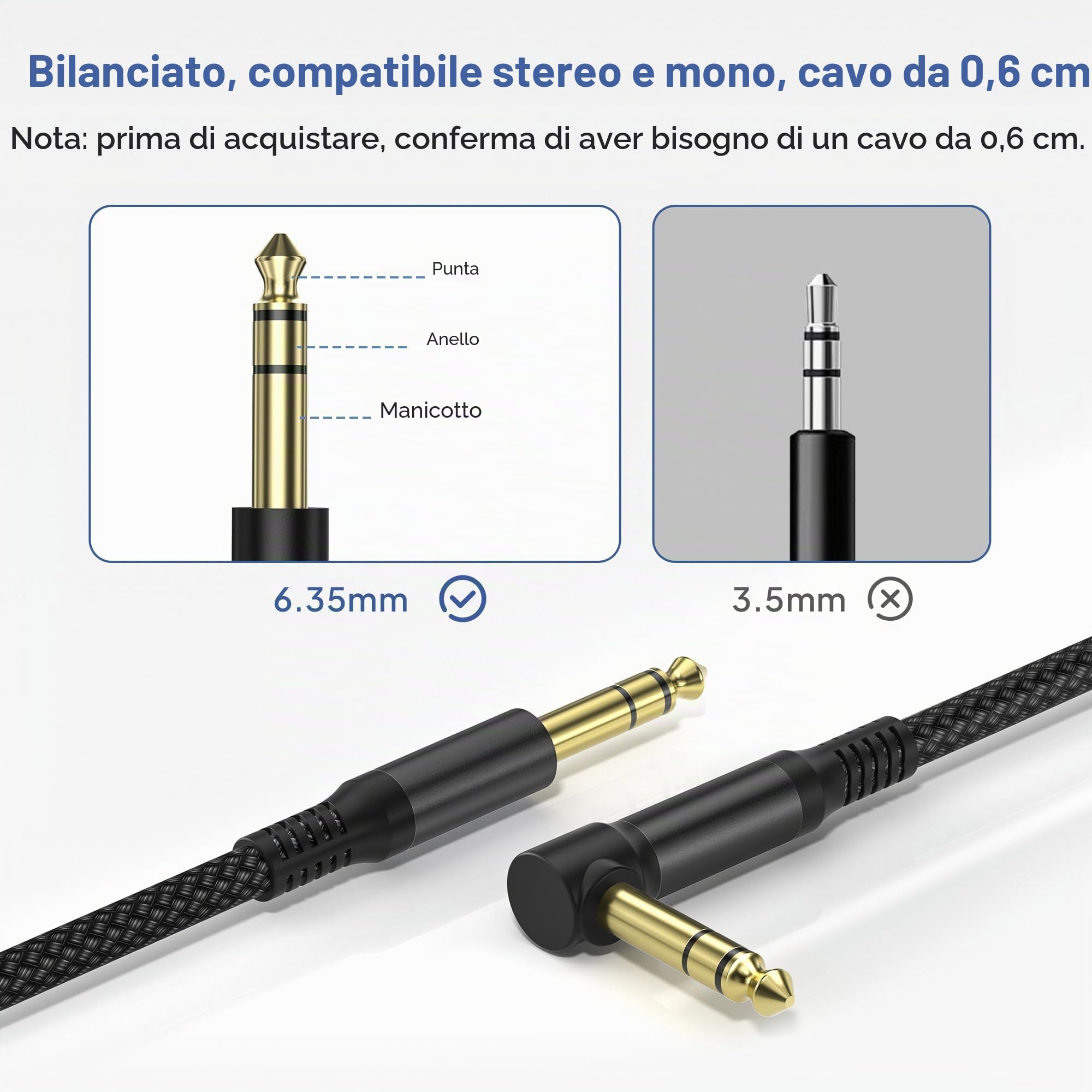 Elebase Cavo Audio Jack Angolo Retto 6.35 mm 3M 2-Pezzi,Cavi Filo Doppio 6.35mm Maschio,Cable Guitar TRS Bilanciato 90 Gradi Angolare 1/4 Pollici per Strumenti,Chitarra Elettrica,Basso,Tastiera,Amp