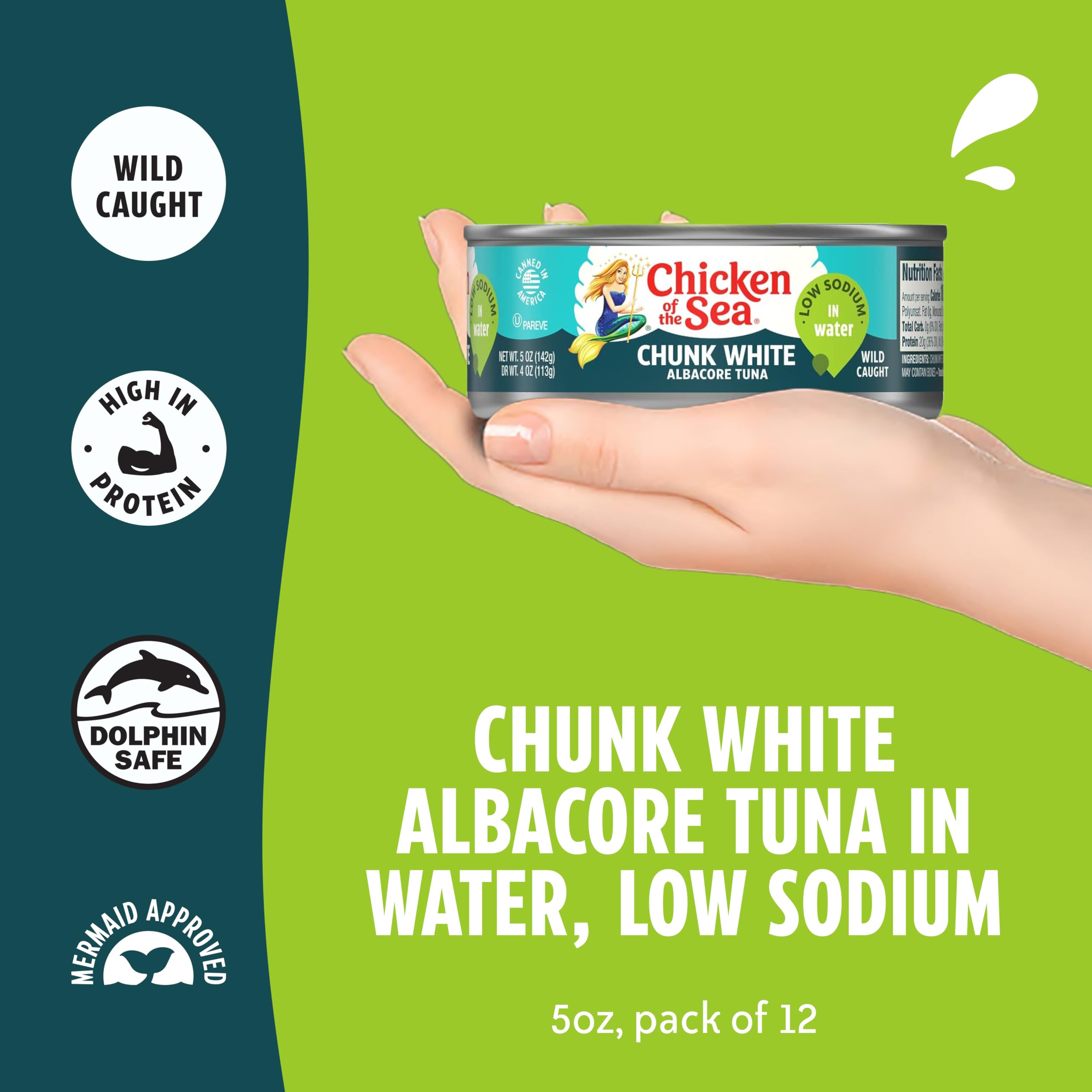Chicken of the Sea Wild Caught Chunk White Albacore Tuna in Water, 5 oz Cans, 12-Count – High Protein 100% Classic Tuna in Water – Delicious, Easy, Nutritious Ready to Eat Meals