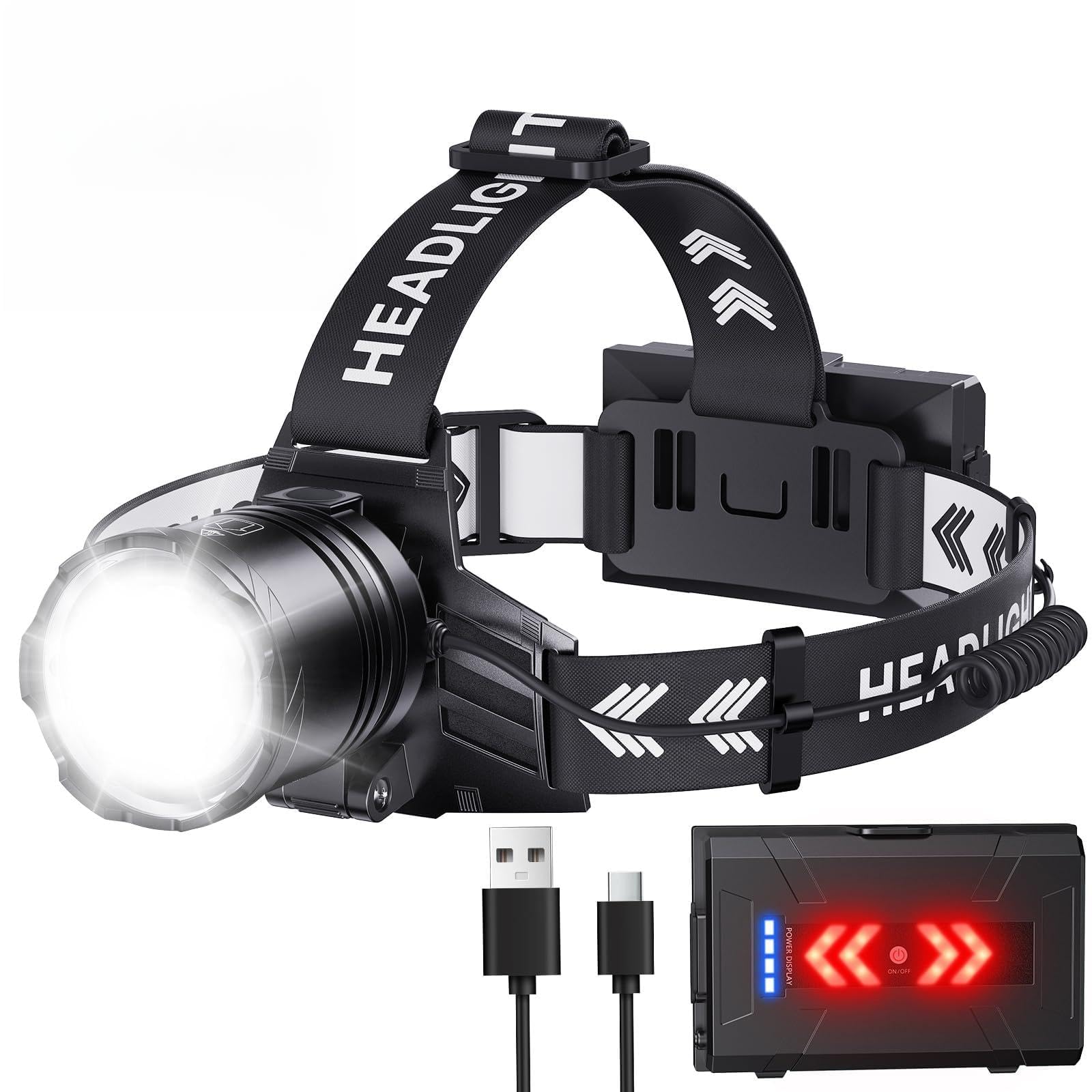 OMALIGHT Linterna frontal recargable superbrillante, lámpara LED de alto lúmenes, 5 modos de zoom, recargable por USB-C, luz frontal ajustable de 125°, linterna frontal impermeable IPX7 para