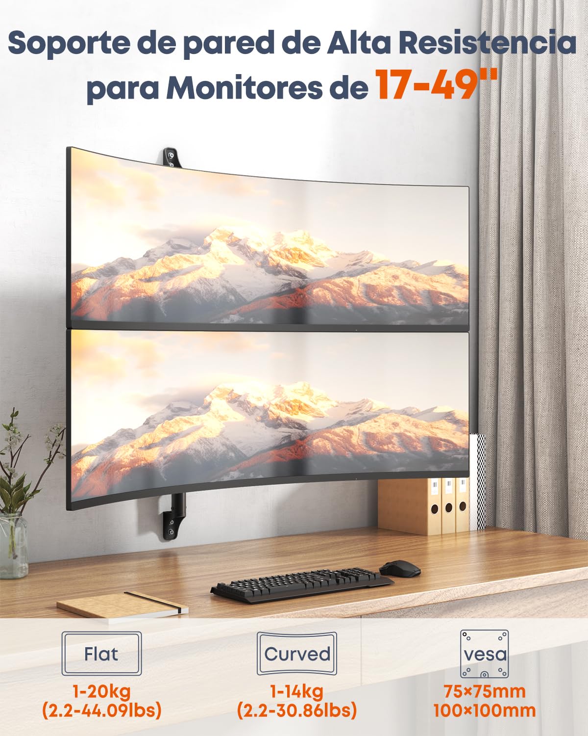 PUTORSEN Soporte de Pared para 2 monitores de 17 a 49 Pulgadas, Pantallas Planas y Curvas, 20 kg por Brazo, Soporte de Pared para monitores con Altura Regulable, VESA 75/100 mm, Negro