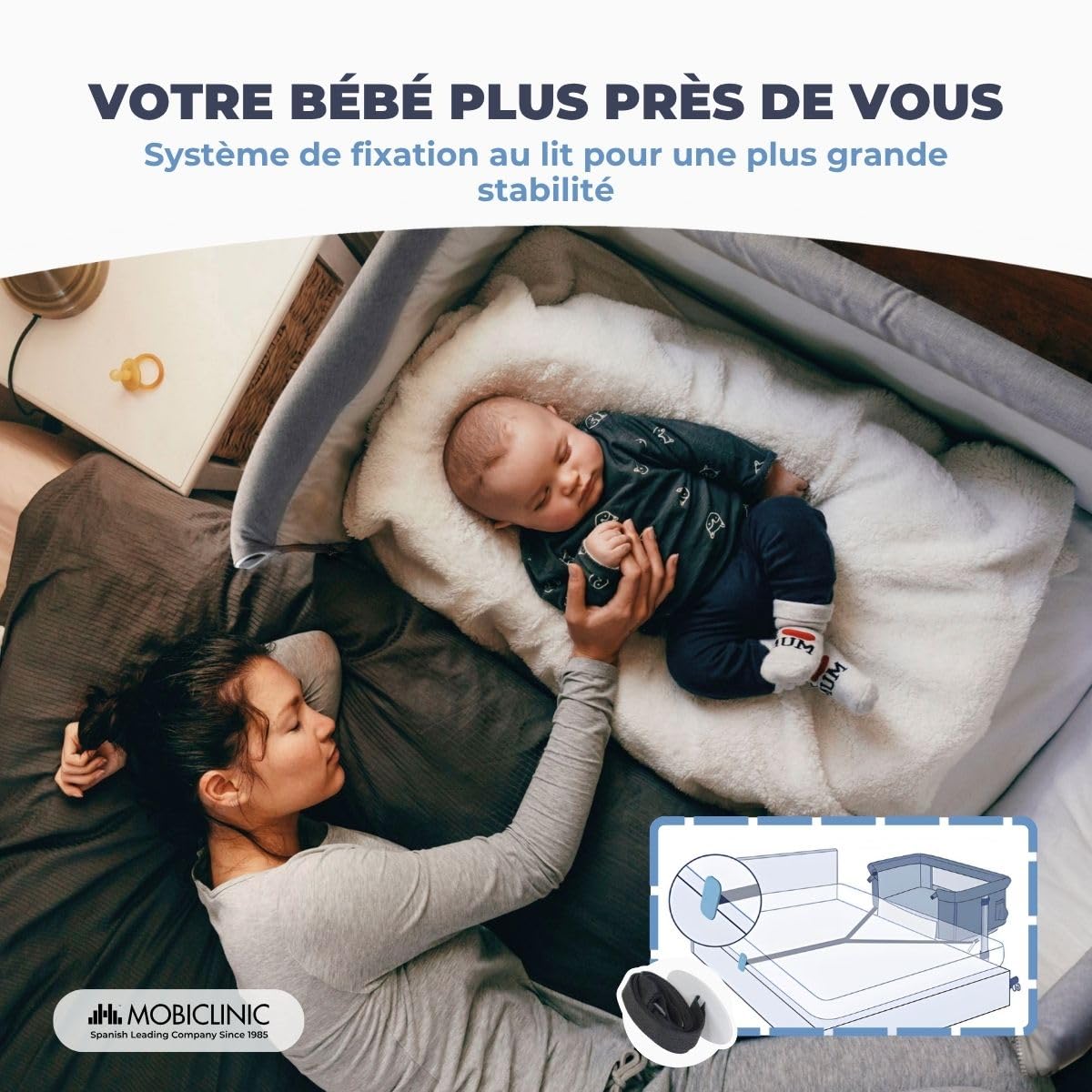 Mobiclinic®, Lit bébé cododo, 2 en 1, Système de Fixation au Lit, Réglable 5 hauteurs, Sac Transport, Roues incluses, Maille Respirante, Base rembourrée, Moon