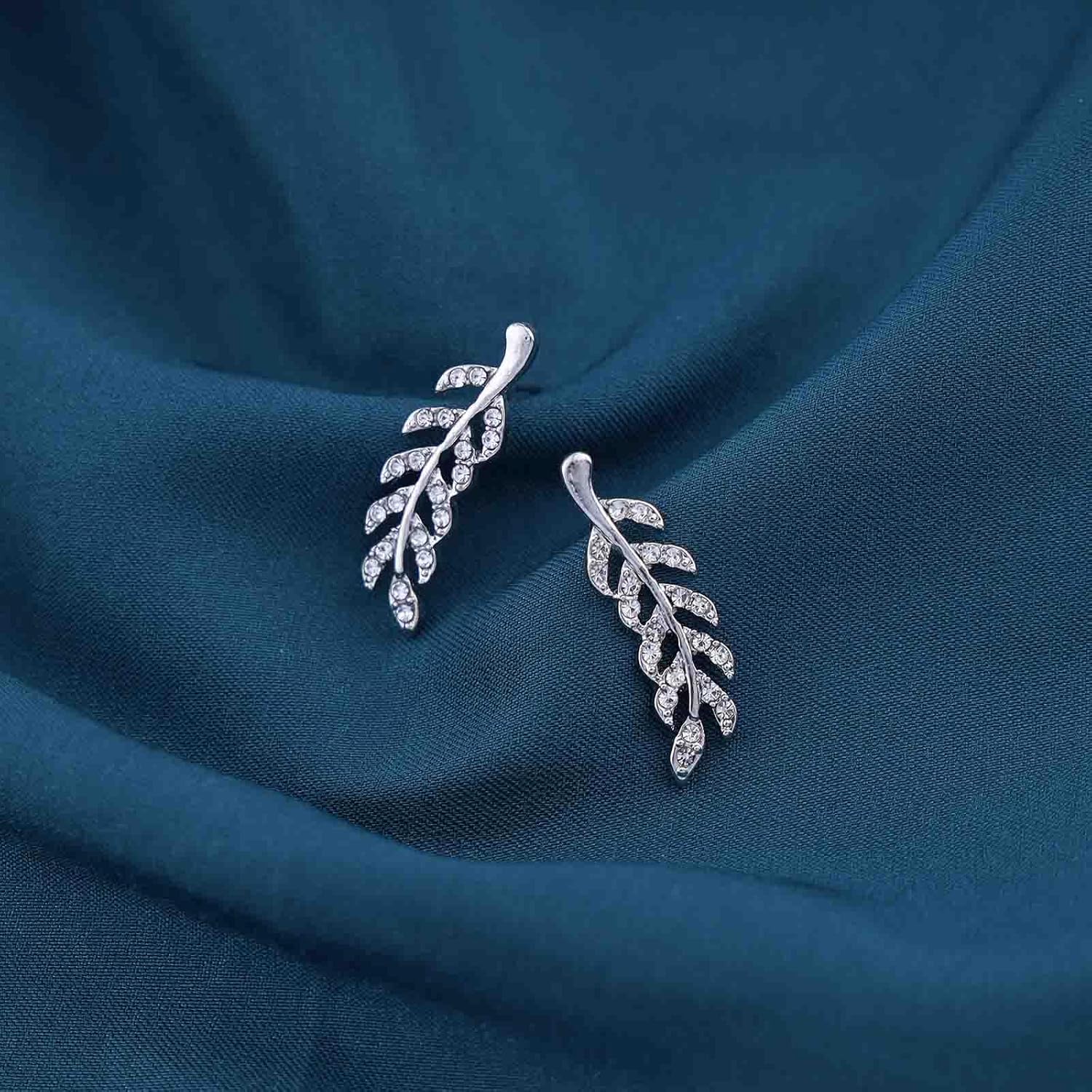 Vintage Crystal Leaf Ear Climber Earrings Gold Cz Leaf Crawler Earrings Rhinestone Ear Climber Crawler Earrings Tiny Cubic Leaf Earrings Jewelry for Women and Girls - Image 3