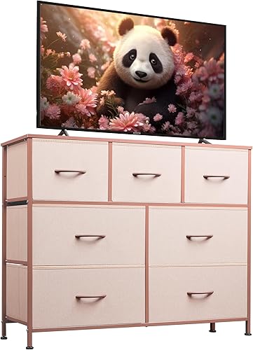 WLIVE Mueble de TV con 7 cajones, centro de entretenimiento, mesa de consola multimedia con marco de metal y parte superior de madera para TV de