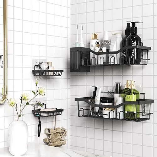 Miniatura 6 de Paquete de 5 organizadores de ducha a prueba de óxido para baño, gran capacidad, sin perforaciones, estantes de ducha adhesivos para estante de