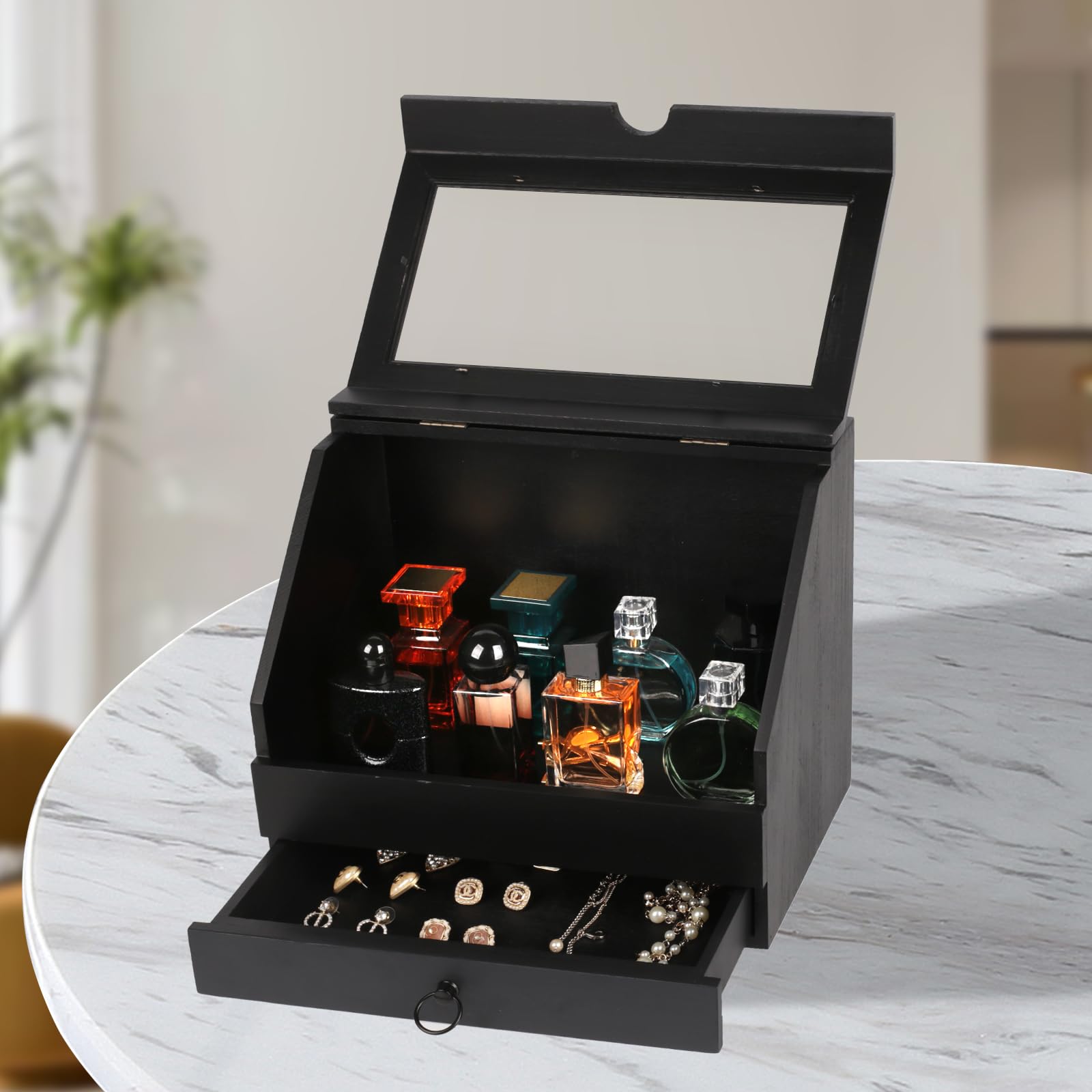 Organizador de Perfumes de Madera con Cajón | Organizador de Perfumes con Tapa Abatible Acrílico Transparente,Almacena Perfumes Joyas Cosméticos para Hombres Mujeres