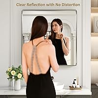 Vista 2 de LOAAO - Espejo de baño/tocador con marco de metal níquel cepillado plateado, 36x36 pulg, rectangular, redondeado, antióxido, inastillable