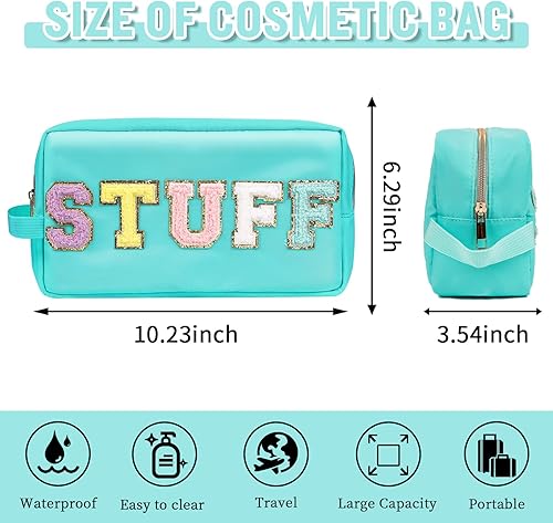 Miniatura 8 de UIXIZQ Preppy - Bolsa de cosméticos de nailon para mujeres y niñas, bolsa de maquillaje portátil con parches de letras de chenilla, bolsa