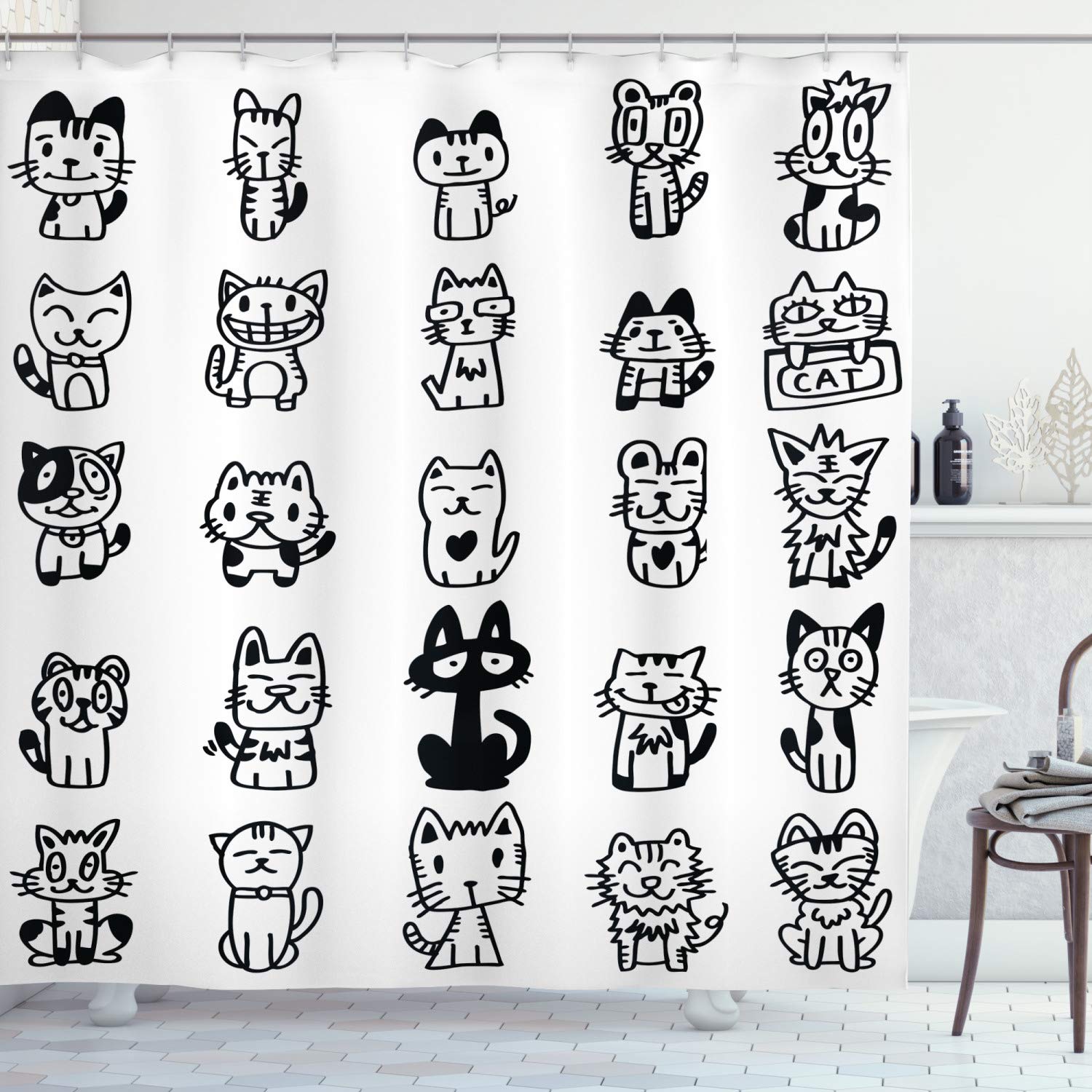 Ambesonne Cat Shower Curtain, Hand Drawn Sketchy Cats with Happy Face Gestures Comic Creatures Funny Art Print Image, Cloth Fabric Bathroom Decor Set with Hooks, 69