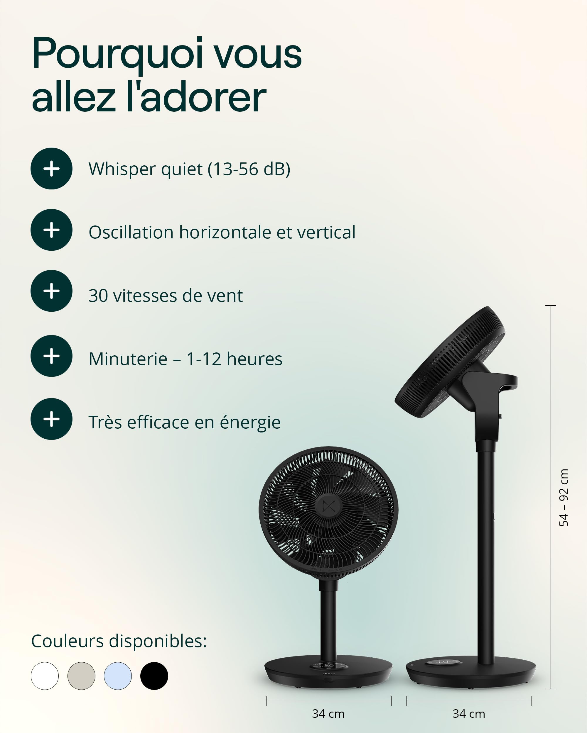 Duux Whisper Flex 2 ventilateur – ultra-silencieux 13dB – mode nuit & minuterie – hauteur réglable (54 à 92 cm) – économe en énergie dès 2W – commande via ventilateur & télécommande – Noir
