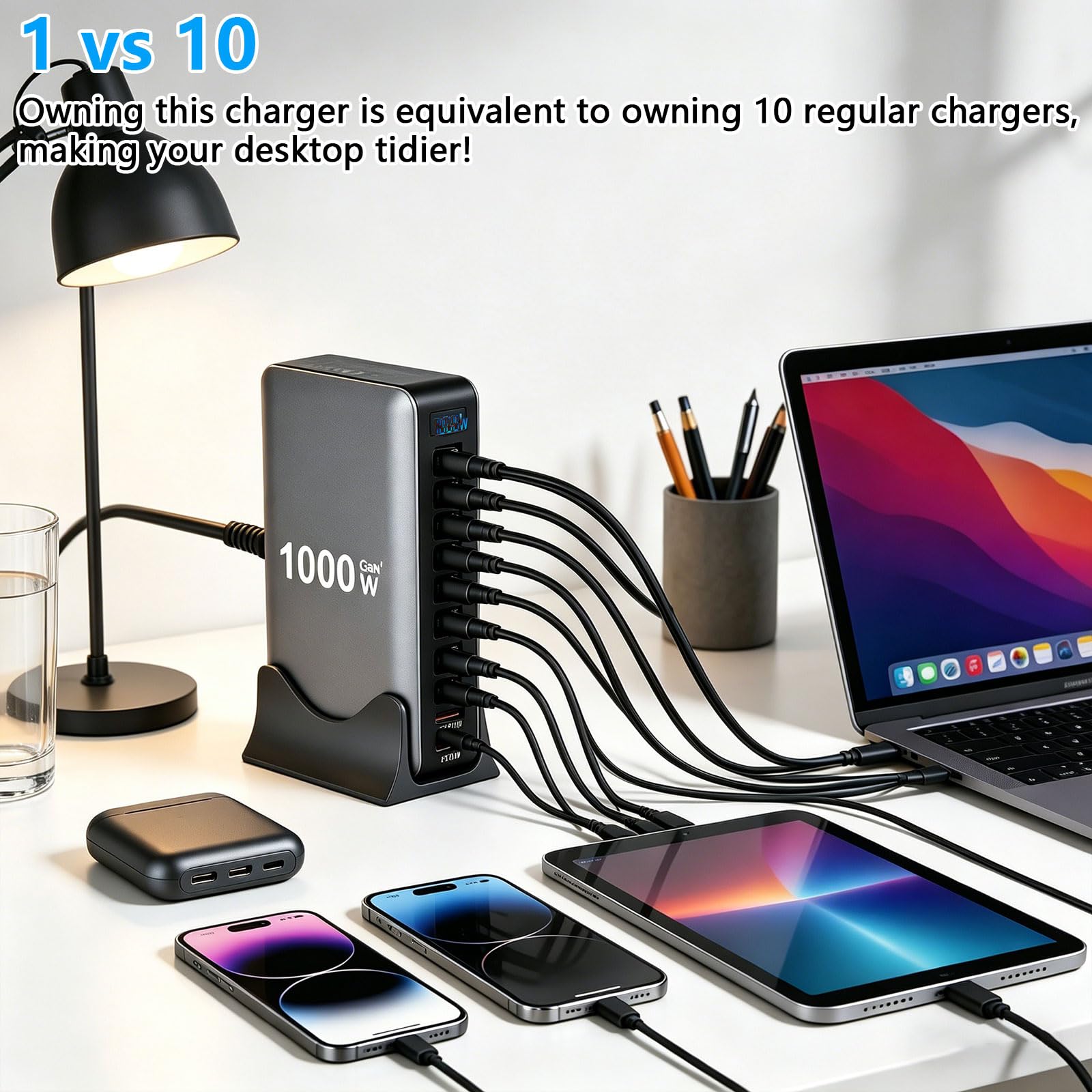 Chargeur USB C multiple 1000 W - 10 ports - Chargeur rapide pour ordinateur portable - Station de charge compatible avec MacBook Pro/Air, iPad, iPh0ne, Galaxy S25, etc