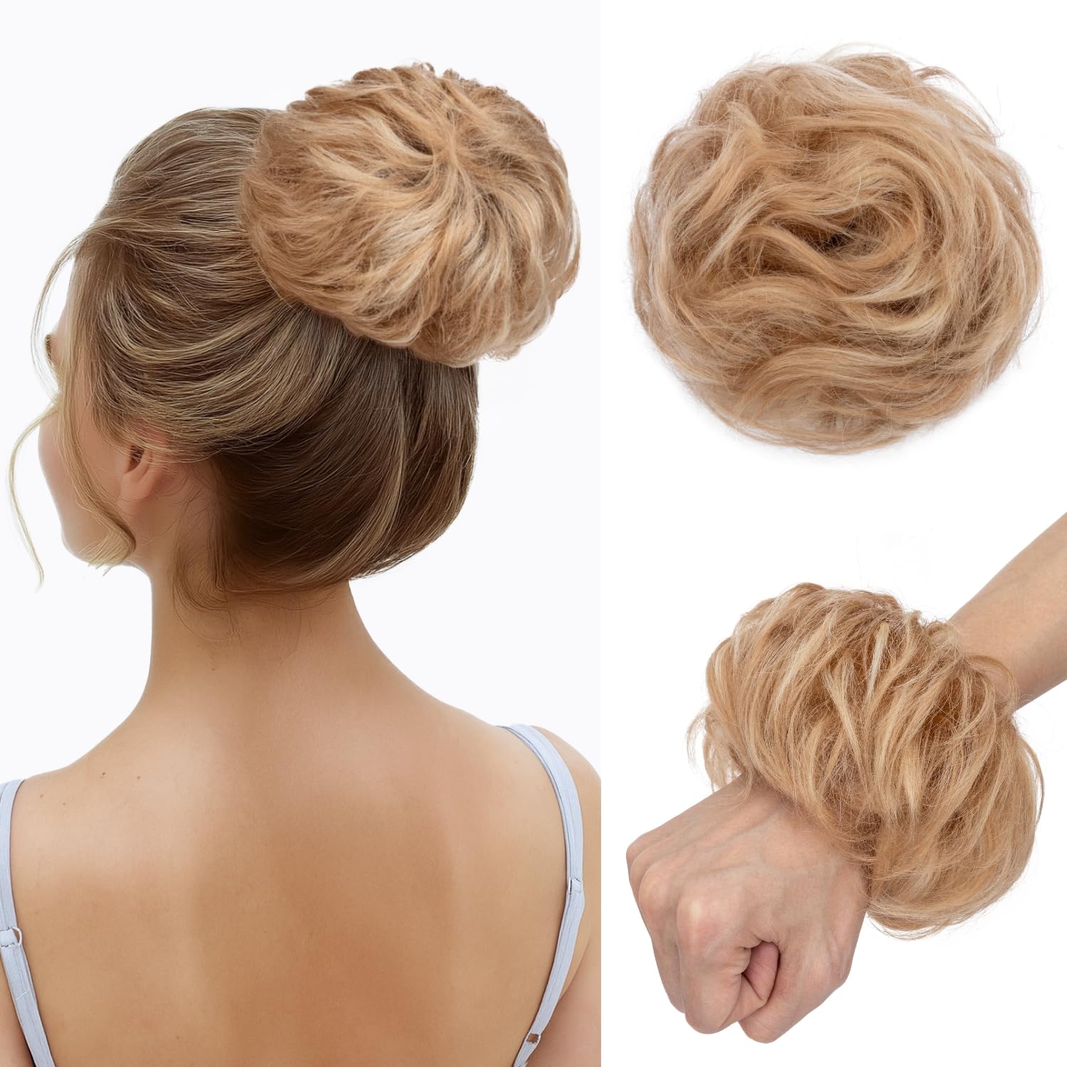 tesshair Messy Bun Hair Piece 100% Thick Tousled Human Scrunchies Natural Curly Wavy Bun Hair Piece with Elastic Band Light Brown mix Blonde Hairpieces for Women Girls(Light Brown mix Blonde