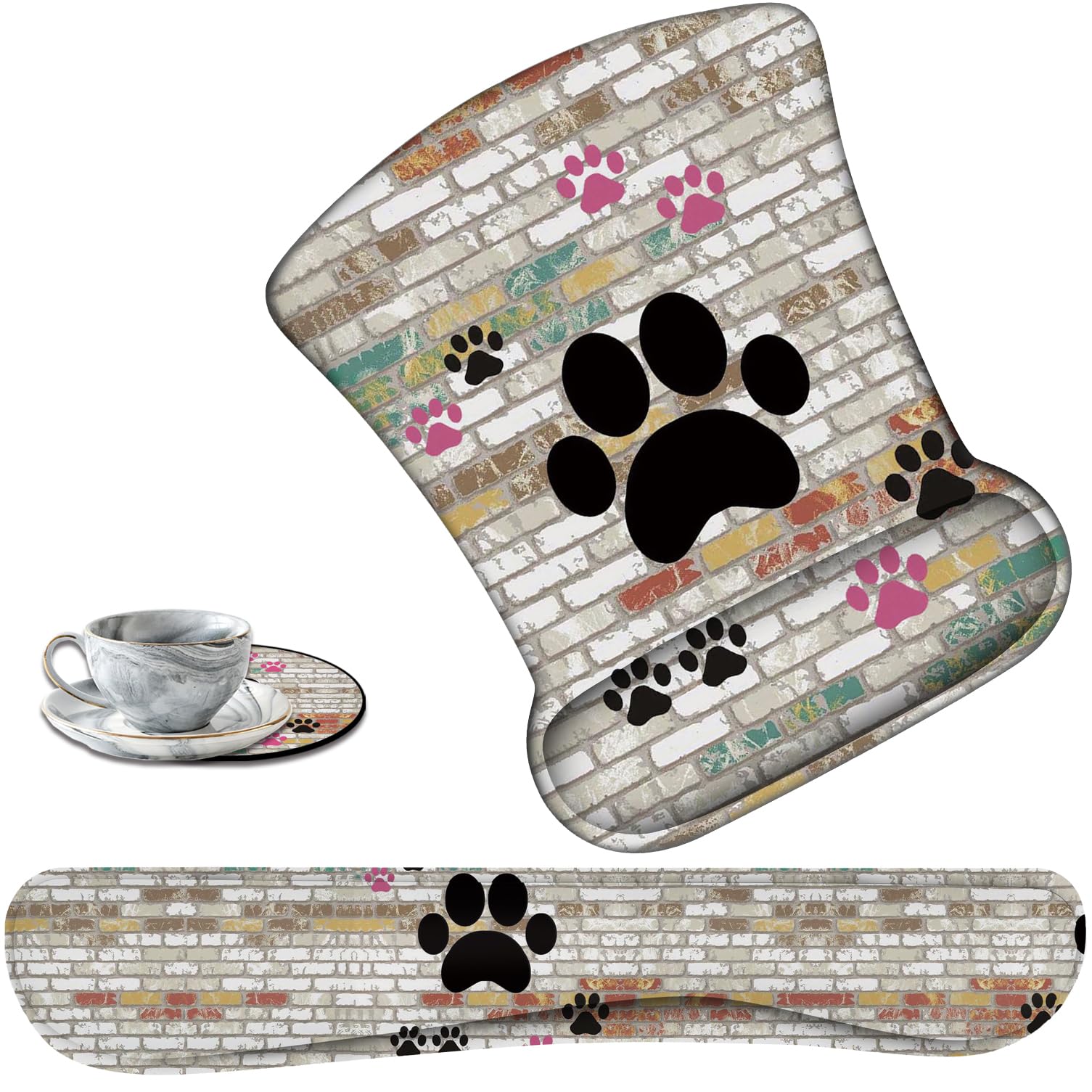 Keyboard Wrist Support + Wrist Mousepad + Coaster Combination, Non-Slip PU Base, with Gel Memory Mousepad, Suitable for Gaming, Office Pain Relief Mousepad Set - Cute Dog Paw Prints
