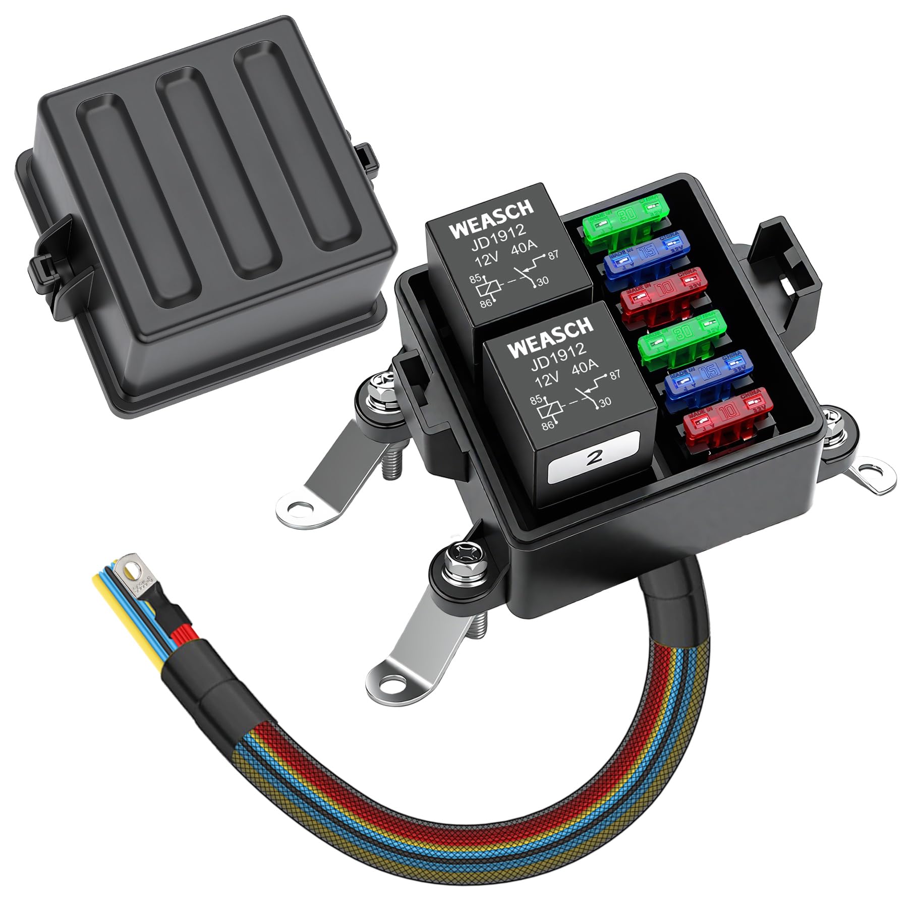 12V 6-fach vorverdrahteter wasserdichter Sicherungsrelaiskasten, 2 Relais und 6 ATC/ATO-Flachsicherungen, 4-poliger 40A-Relaisblock und -Kit, für PKW, LKW, Boot und Jeep