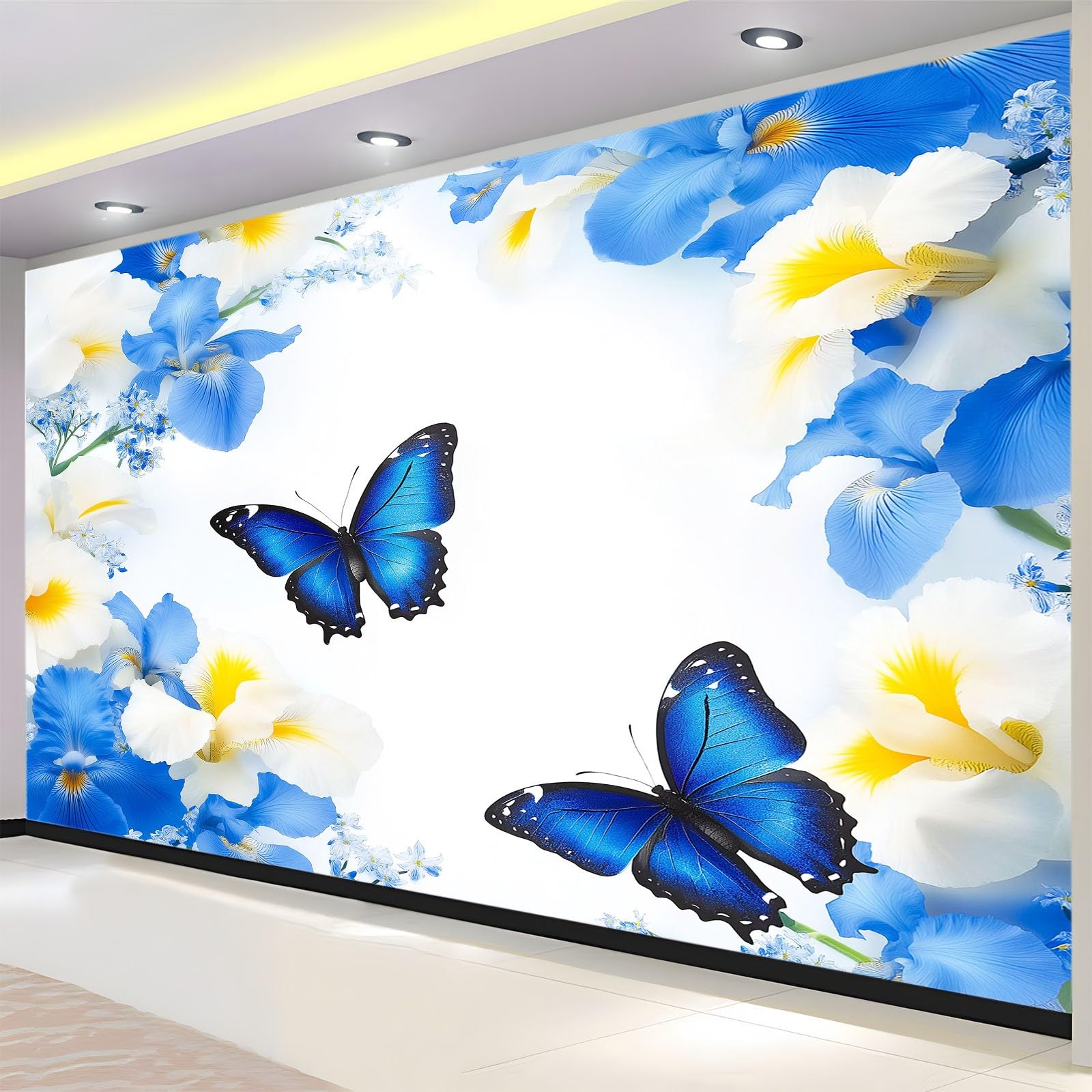 Fototapeta z niebieskimi motylami, kwiatami, efekt 3D, fototapeta, motyw tapety, tapeta z włókniny, nowoczesna tapeta ścienna, dekoracja do sypialni, salonu, 300 x 210 cm
