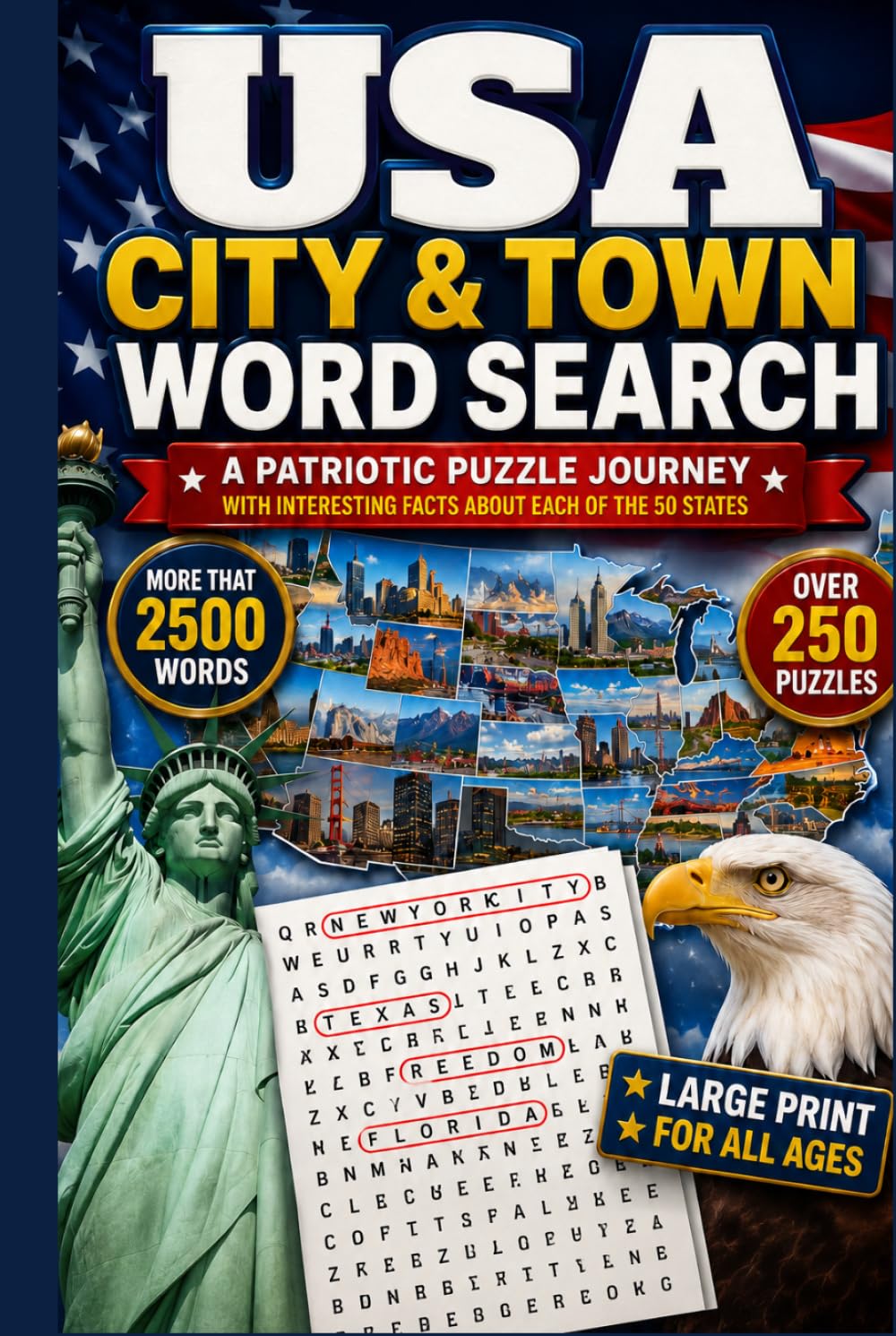 The Ultimate USA City & Town Word Search: Travel Across All 50 States Through 250+ Large Print Puzzles, 2,500+ Hidden Words, and Fascinating State Facts