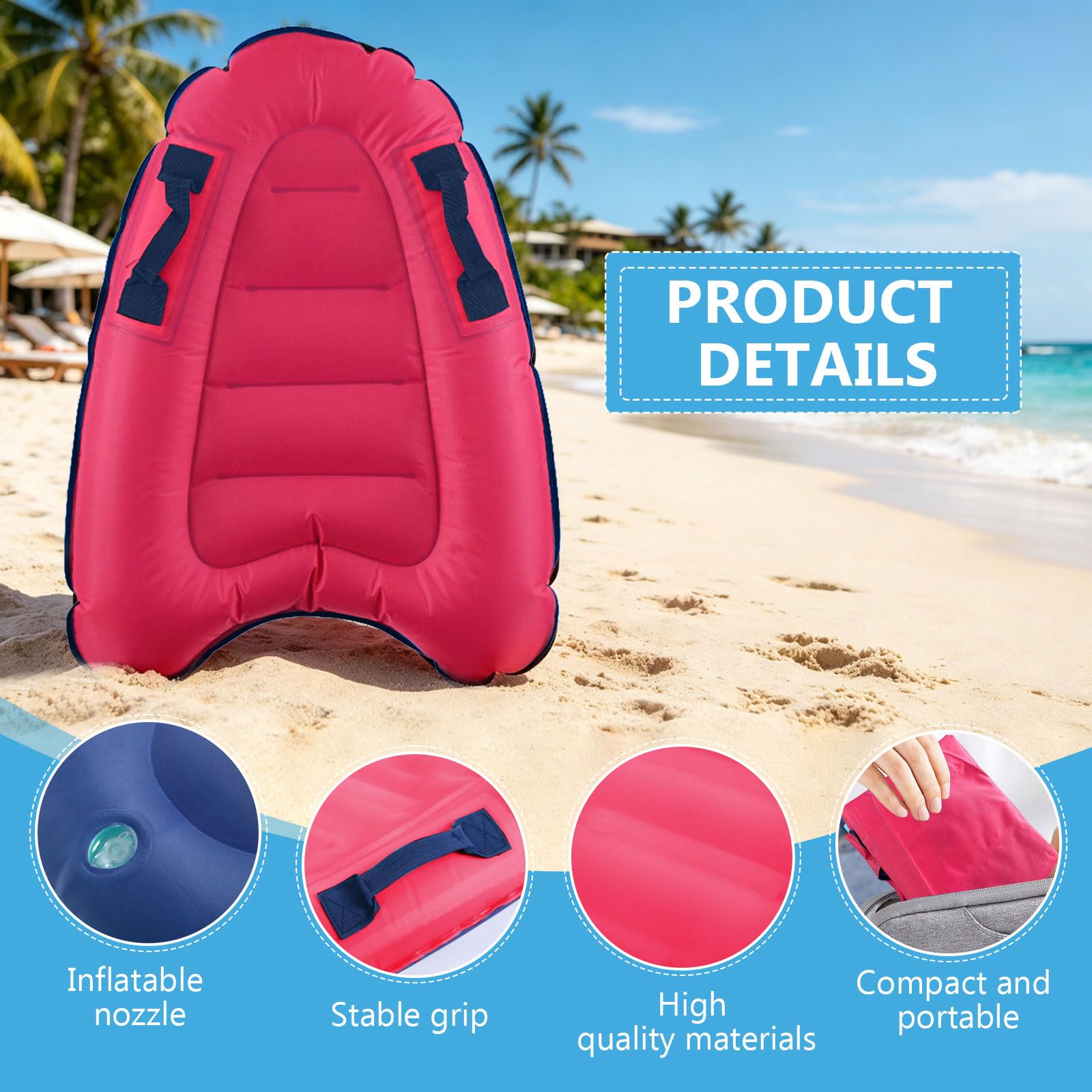 Bocguy Bodyboard Aufblasbar, 75 x 65 x 15 cm Surfbrett Aufblasbar, Schwimmbrett Aufblasbare, Faltbar Bodyboard Kinder mit Griffen zum Strandsurfen Pool Schwimmen Sommer Wassersport