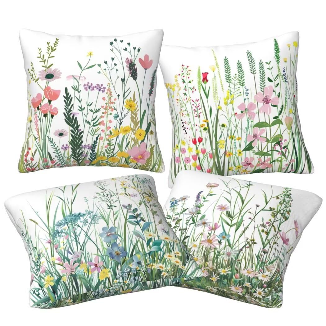 Poszewka na poduszkę z dzikimi kwiatami 60 x 60 cm poszewka na poduszkę miękka aksamitna poduszka dekoracyjna na sofę, 4 sztuki poszewki na poduszki z ukrytym zamkiem błyskawicznym dekoracja do domu