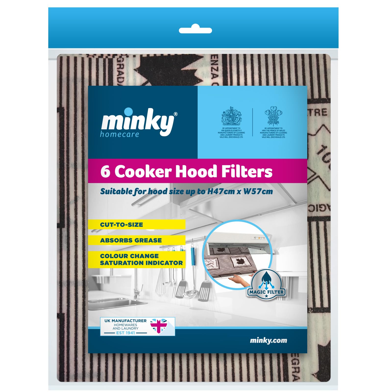 Minky Cooker Hood Filters - Pack of 6, Cut to Size, 57 x 47 cm, Universal Fit, Grease Absorber, Saturation Indicator, Cooker Hood Filter Replacement