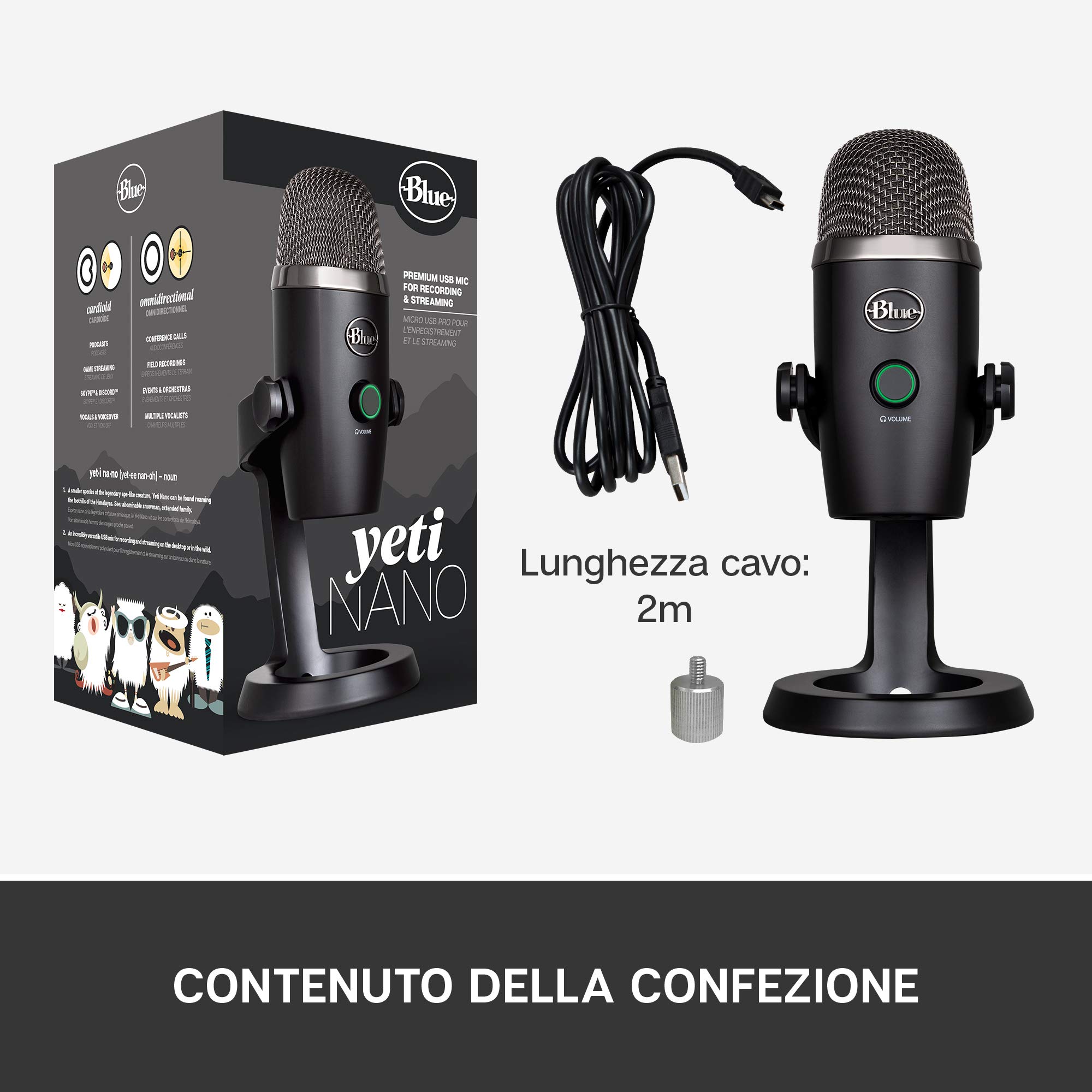 Blue Yeti Nano Microfono USB Premium per Registrazione, Streaming | Gaming, Podcast su PC e Mac, Mic a Condensatore, Effetti Blue VO!CE, Cardioide e Omni, Monitoraggio Senza Latenza - Nero