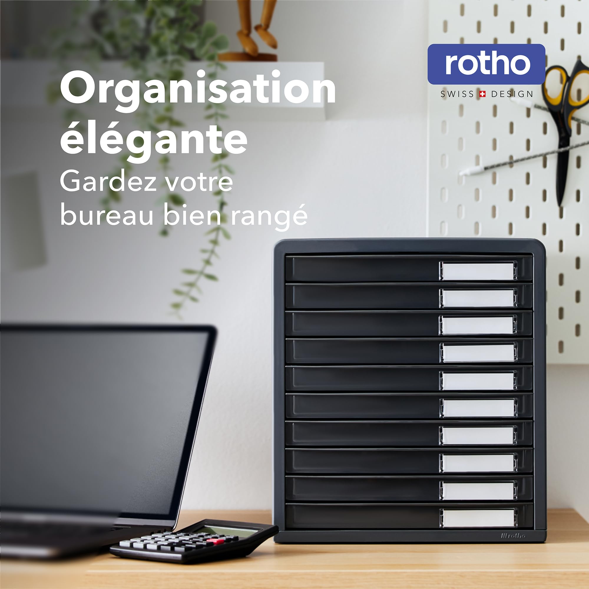 Rotho Timeless Boîte à tiroirs/boîte de bureau avec 10 tiroirs, Plastique (PS) sans BPA, anthracite, (34.5 x 29.0 x 32.0 cm)