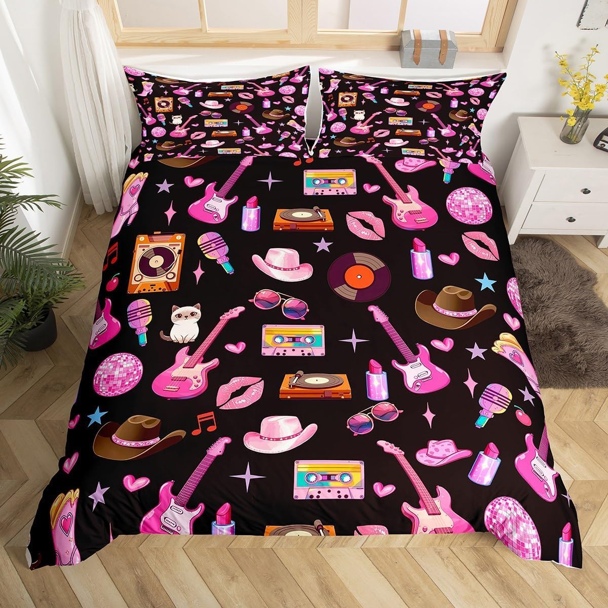 richhome Girls Music Duvet Cover Pink Guitar Cat Western Cowgirl Bedding Set Single Size Fashion Women Singer Comforter Cover Black Pink Room Decor Lightweight Bed Set With 1 Pillow Case