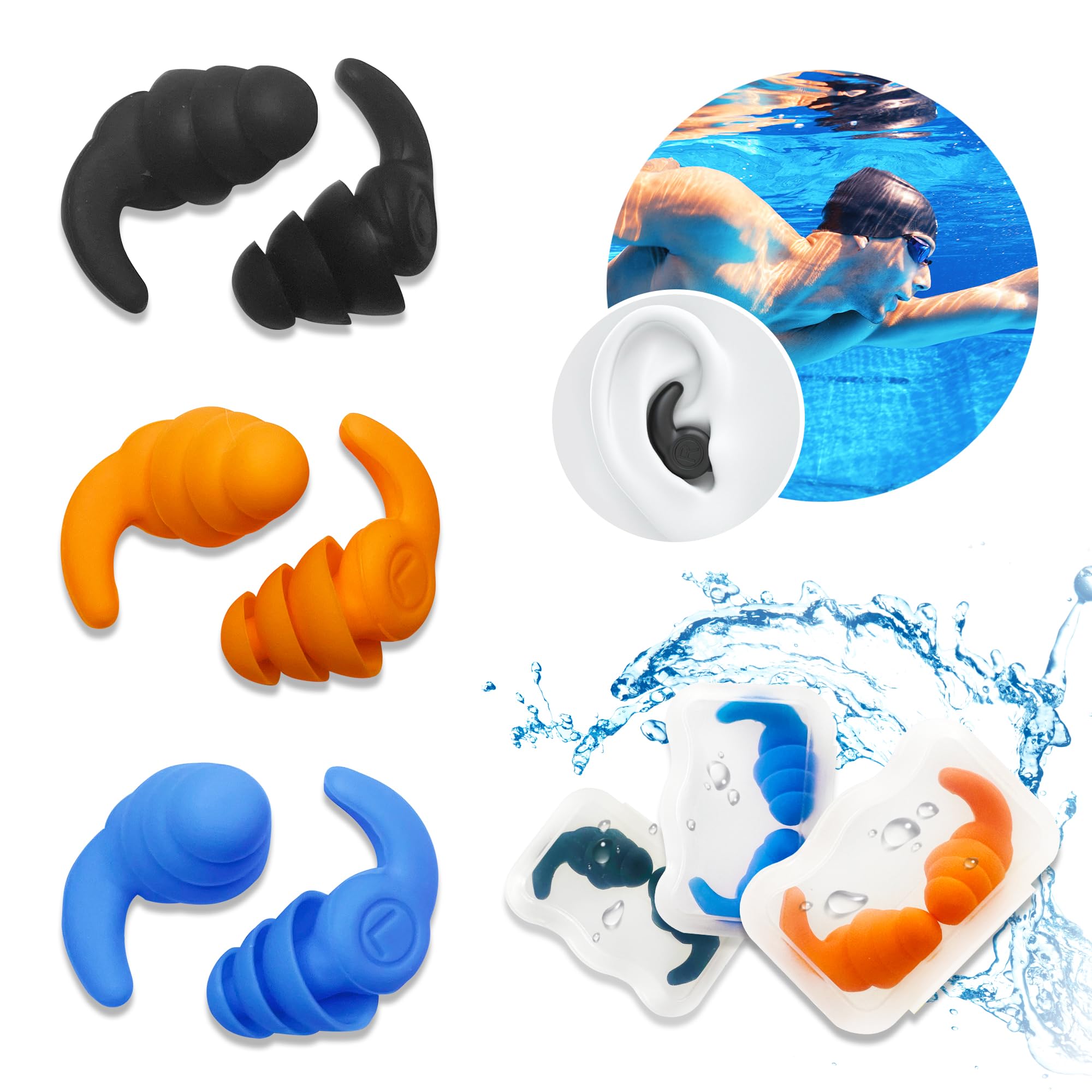 3 Pairs Waterproof Swimming Ear Plugs Adults, Soft Silicone Swim Ear Plugs, Reusable Noise Reduction Earplug, for Surfing, Swimming, Quiet Studying, Kayaking and Other Watersports(Black Blue Orange).