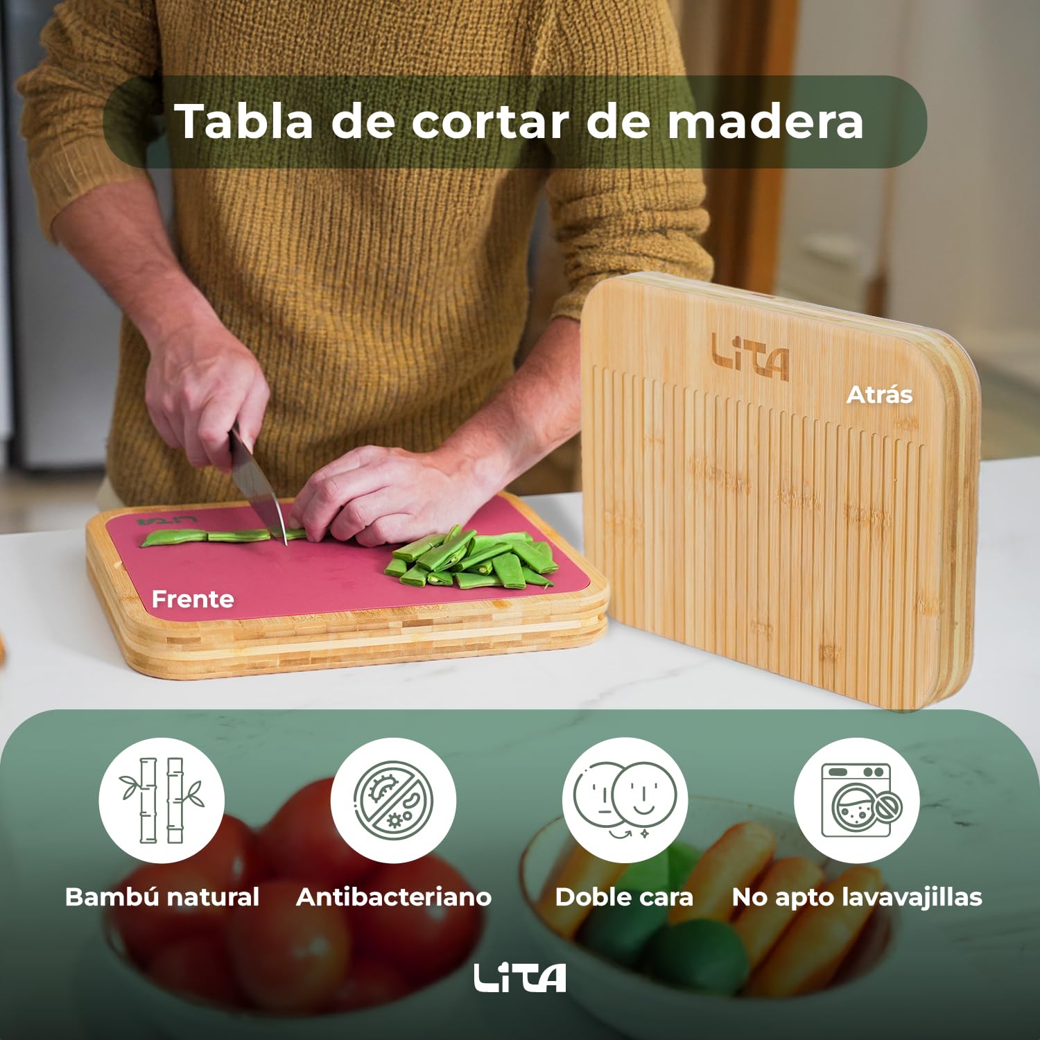 Lita Store Planche à découper multifonction en bois de bambou avec 3 tapis interchangeables flexibles PP Ustensiles de cuisine Double face Sans BPA