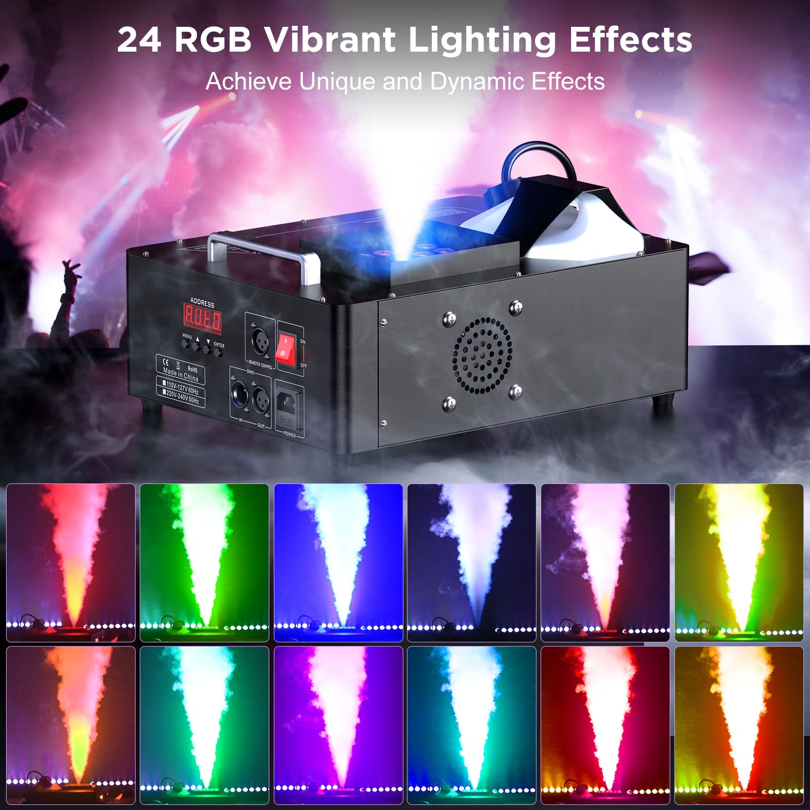 Fog Machine 1500W with Upgraded 24 RGB LED Stage DJ Party Lights,Vertical Smoke Machine DMX & Manual Control for Wedding Halloween Christmas Party Stage Effect Outdoor Indoor