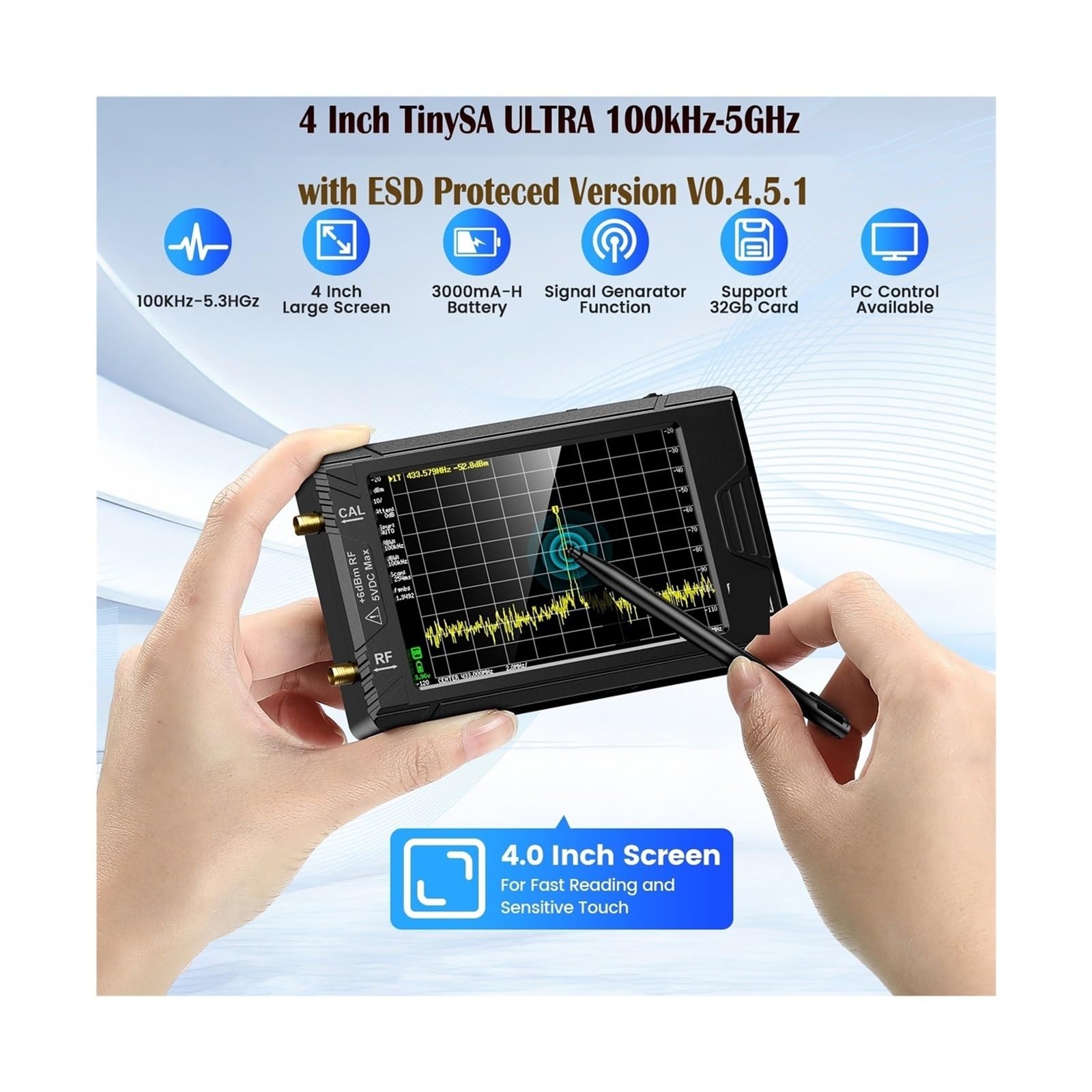 Analizador Vectorial de Redes, Analizador de Espectro con Pantalla de 2.8" Pantalla ULTRA de 4" 100kHz a 5.3GHz con Tarjeta de 32GB Versión V0.4.5.1 Medición de Parámetros S, ROE(SA ULTRA)