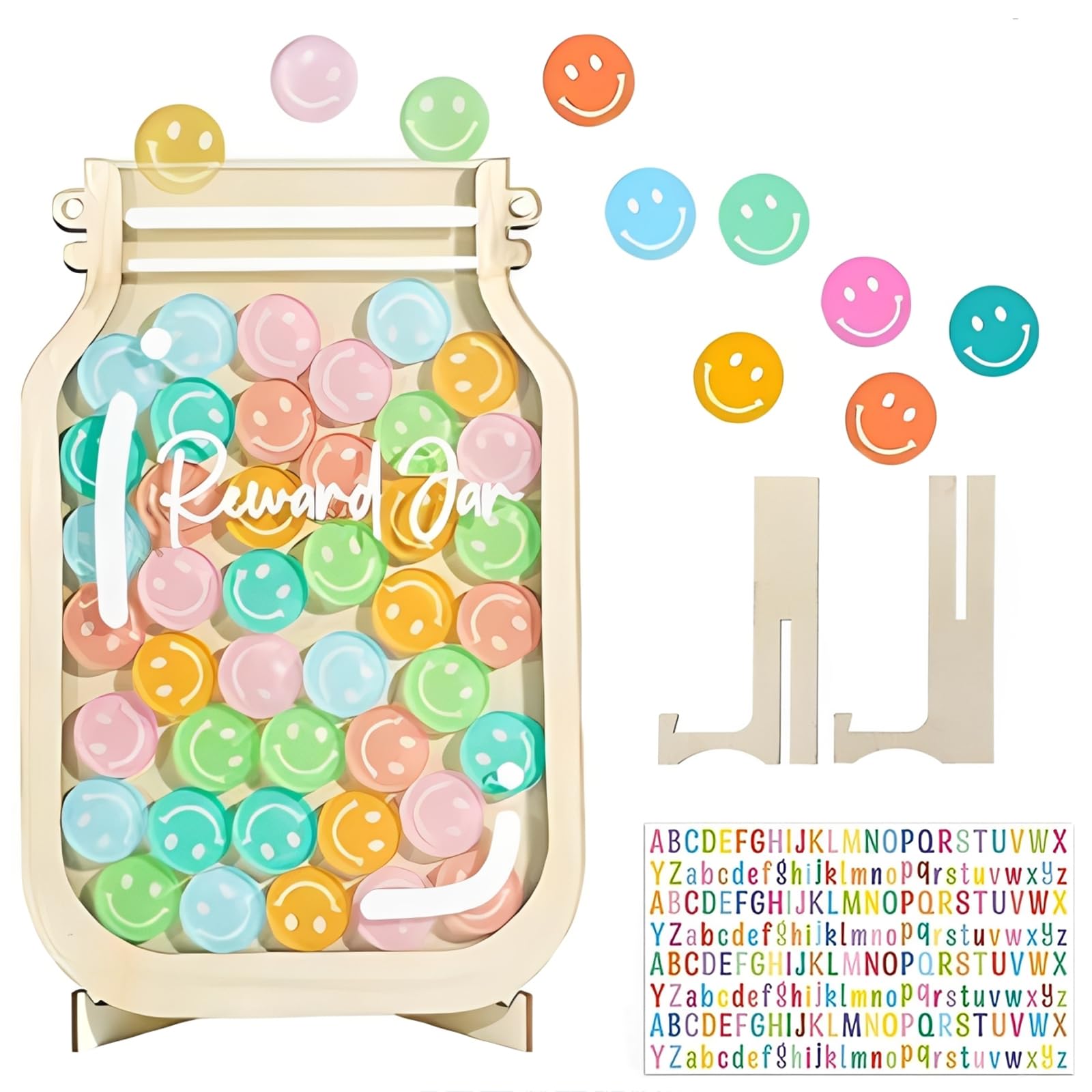 Reward Jar, Magnetic Reward Chart with 36 Smiley Tokens, Behavior Tracking System for Chores and Homework Completion, Potty Training Motivation Tool, Includes Stickers and Magnetic Strips