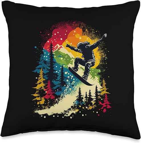 Snowboarding Graphic Winter Sports Apparel Decor Cool Snowboarding Mountains Trees - Almohada para hombre 16 x 16 pulgadas multicolor