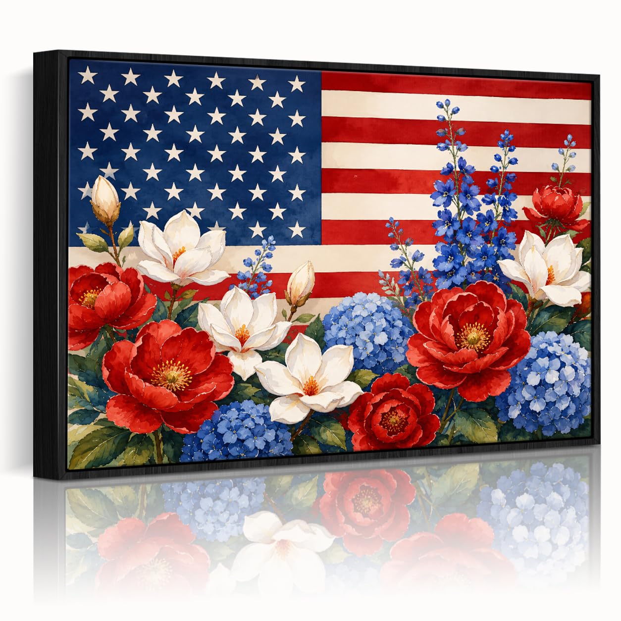 American Flag Framed Canvas Wall Art, 4th of July Floral Canvas Prints