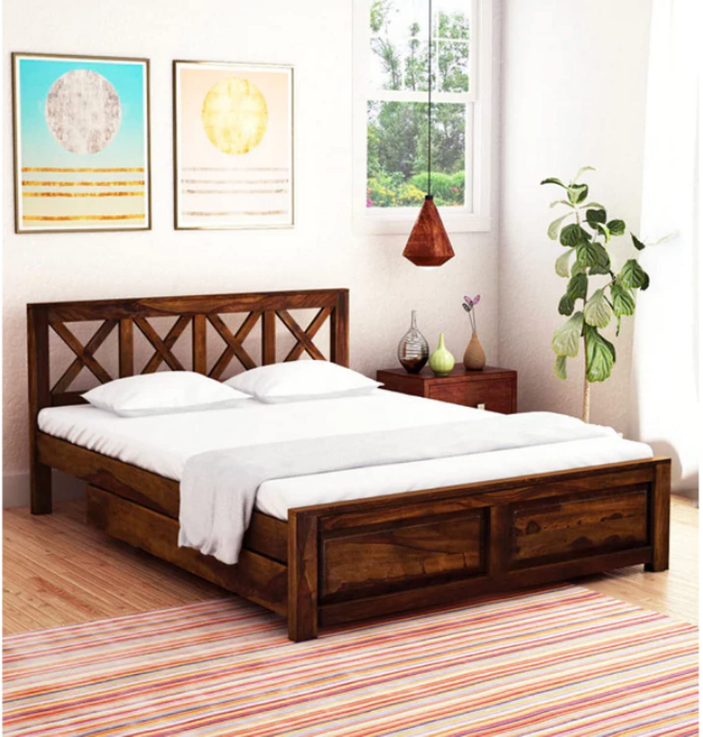 Ck Homez Solid Sheesham Wood Queen Size Bed with 2 Side Drawers Storage Double Bed Furniture for Bedroom Living Room Home Hotel - (Teak Finish)