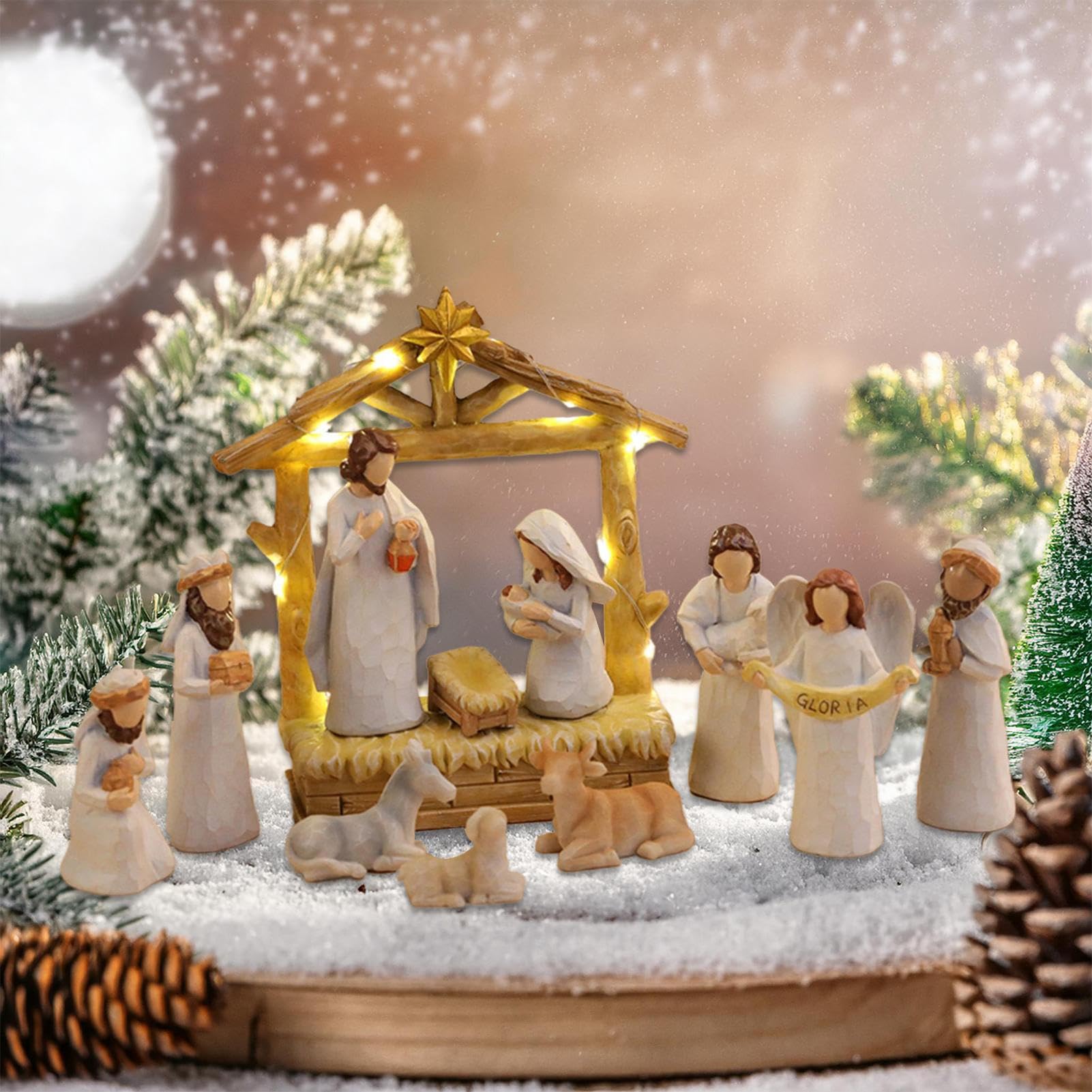 Crèche de Noël - Crèche en Résine avec Étable - Décoration Maison pour Bureau Cheminée Chambre Appartement | Décoration Étable De Noël Maison École Anniversaire Action De Grâces