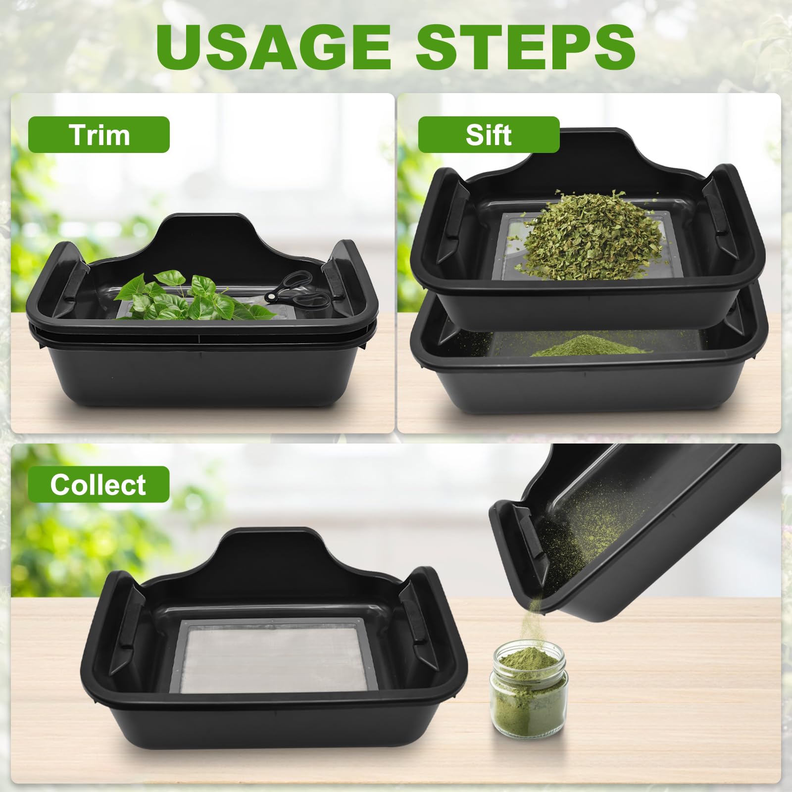 2 Pièces Trim Tray avec Tamis a Pollen de 150 Microns, Coque Ergonomique Trimm pour Pollen et Vanille, La Maison Jardin Plante, Récolte pour le Jardinier, Noir, 40x31x12cm