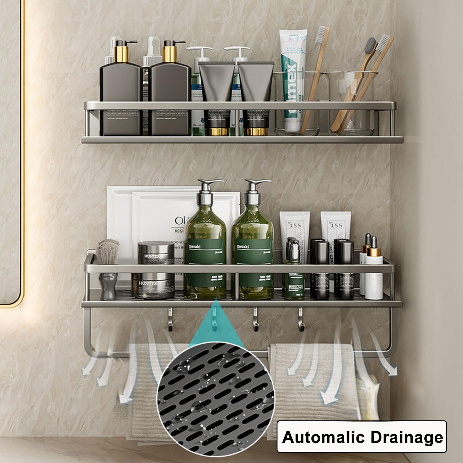 Estante Ducha 2 Unidades 40 Cm Acero Inoxidable - Con Toallero Y 5 Ganchos, Organizador Baño Sin Taladros