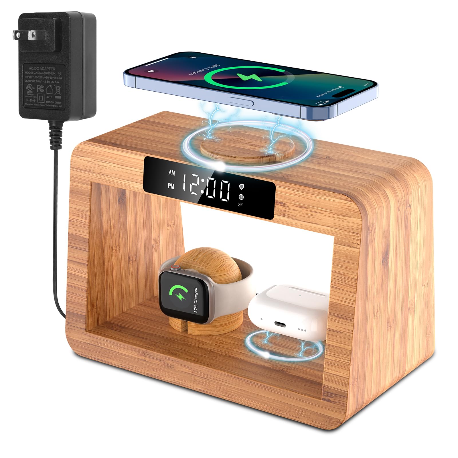 CJQQBamboo Wireless Charging Station with Digital Alarm Clock and Night Light - Fast Charger Stand for iPhone 14/13/12/11 Pro Max/X/Xs Max/8, AirPods Pro, iWatch Series 8/7/6/5/SE/4/3/2