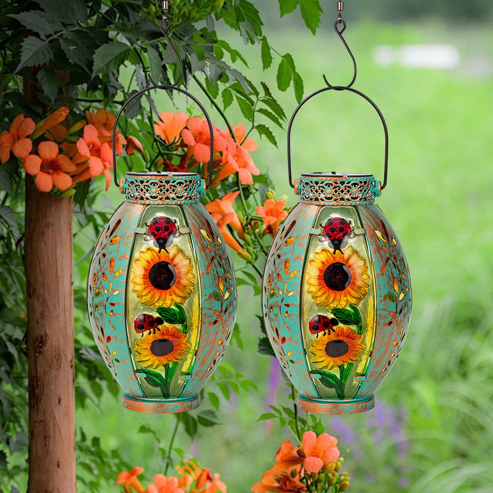STARSOUL Confezione da 2 lanterne solari da esterni, impermeabili, da appendere, per patio, giardino, cortile, decorazione da giardino, girasole, regalo per donne
