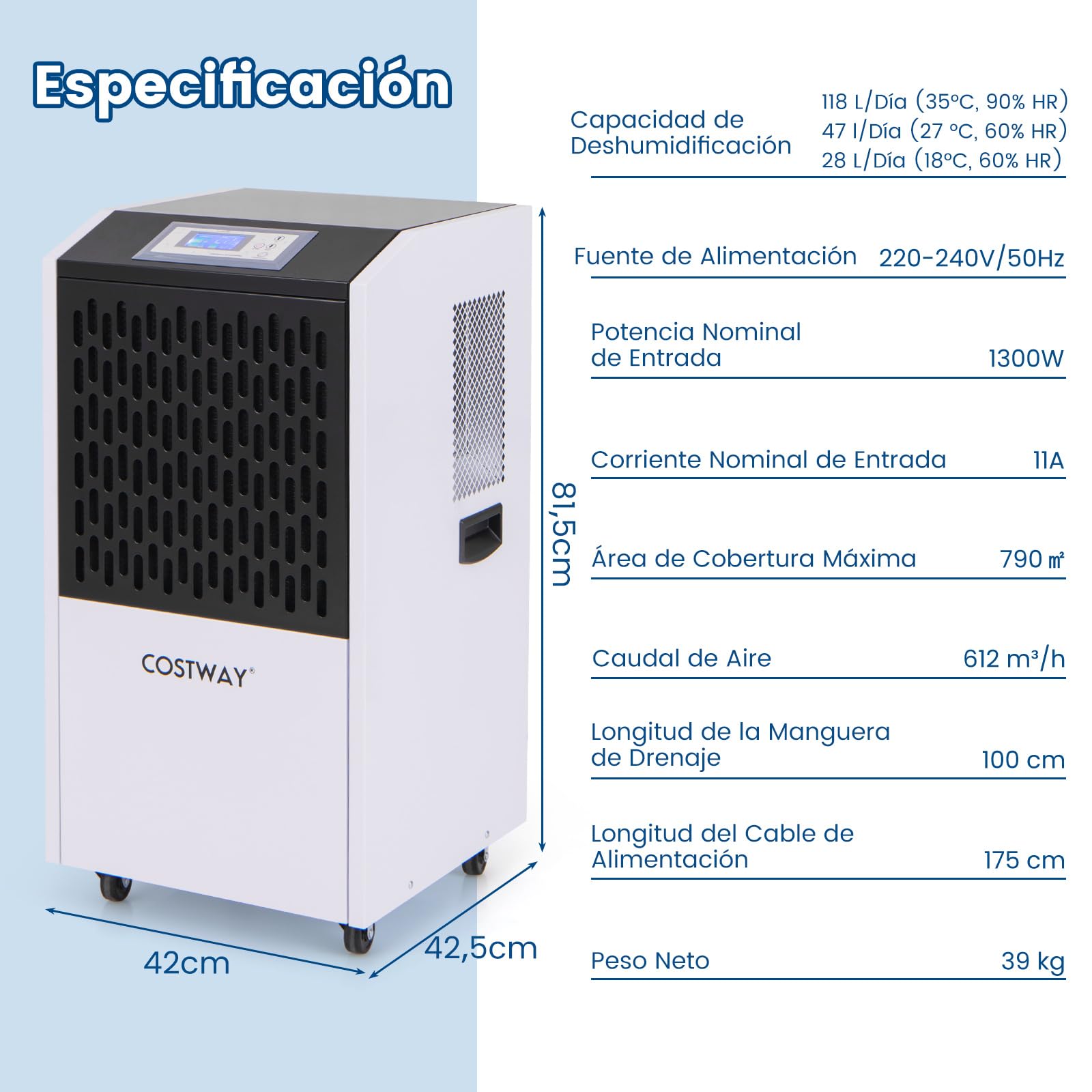 COSTWAY 118 L Deshumidificador, 1300W Deshumidificadores de Humedad con Manguera de Drenaje, Deshumidificador Comercial con Temporizador de 24h y 4 Ruedas para Sótano, Almacén, hasta 790㎡ (Blanco)