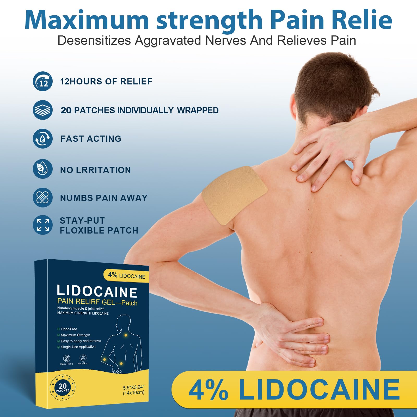 4% Lidocaine Maximum Strength Pain Relief Patch, Used toTreatment Back Knee Neck Joint Ache Muscle Soreness Topical Analgesic, 20 Patches-E2 — view 2